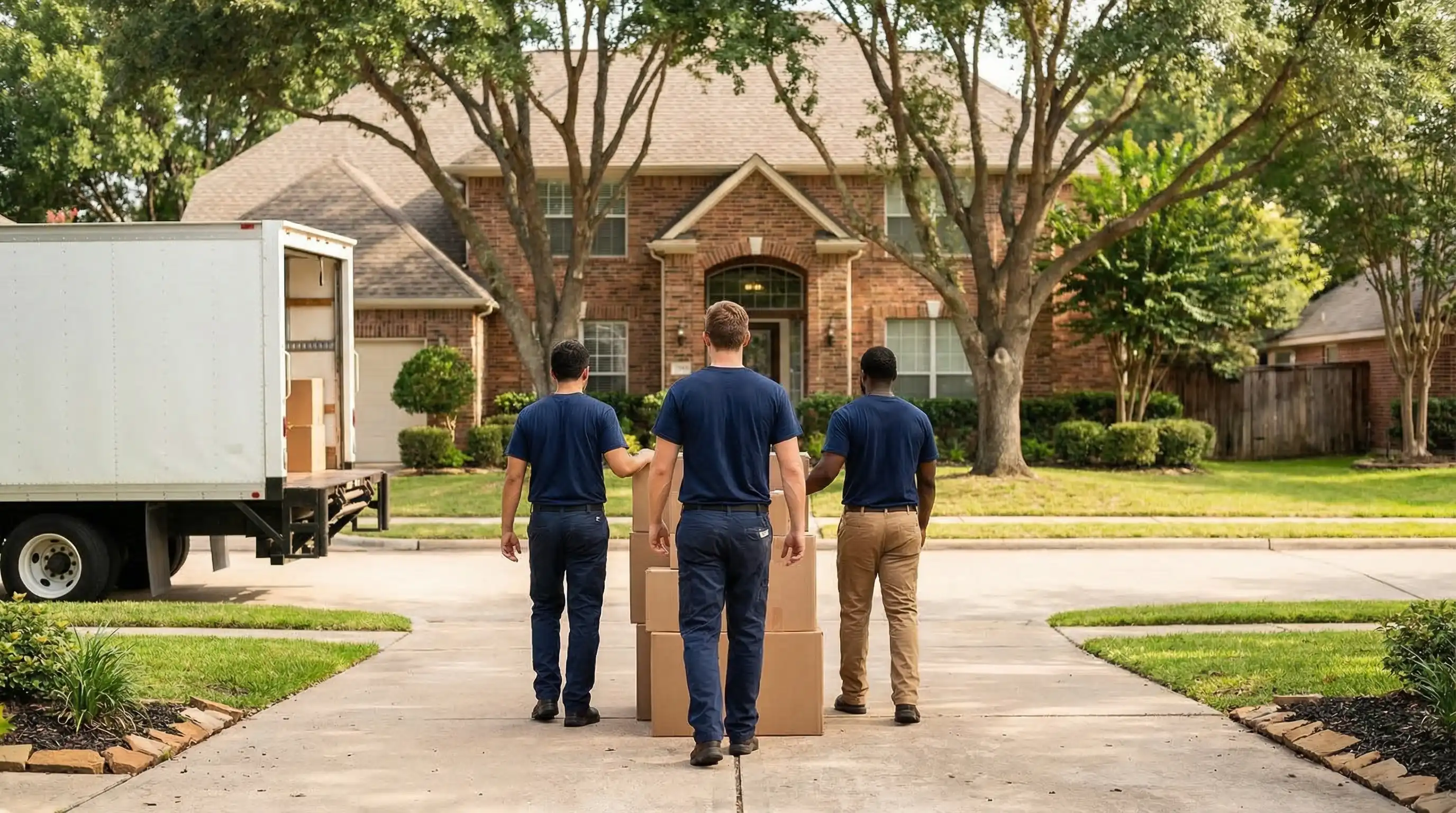 Professional moving crew in branded shirts loading furniture into a truck outside a suburban Omaha home on a sunny day