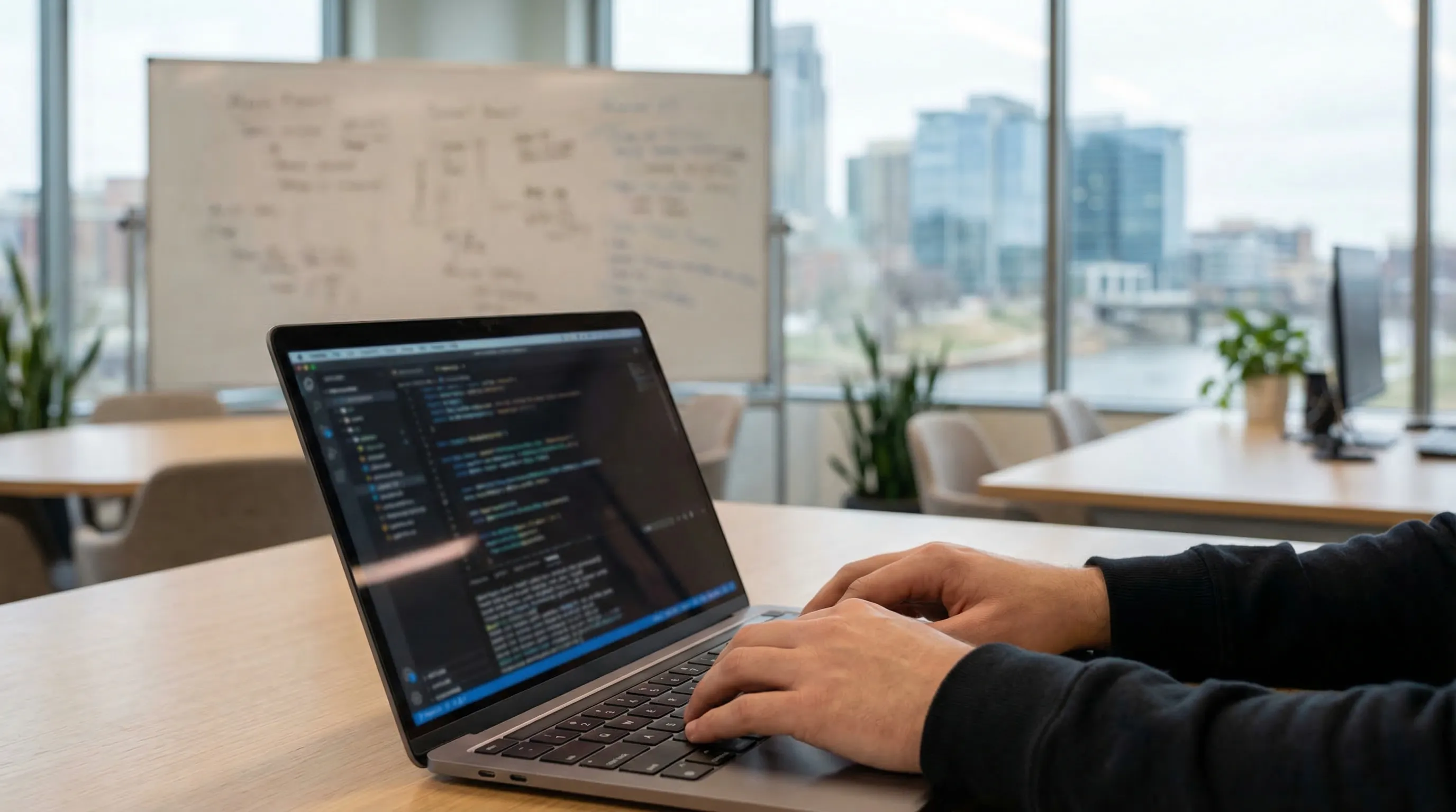 Modern Omaha technology office with IT professionals at standing desks reviewing code and system dashboards