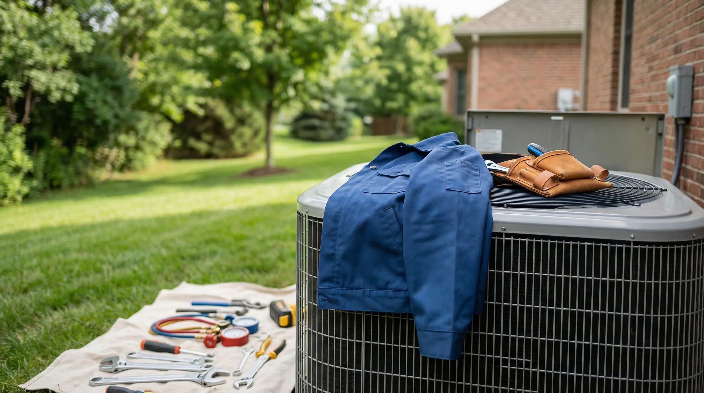 Professional HVAC technician servicing an outdoor air conditioning unit at a brick ranch home in Tulsa, OK