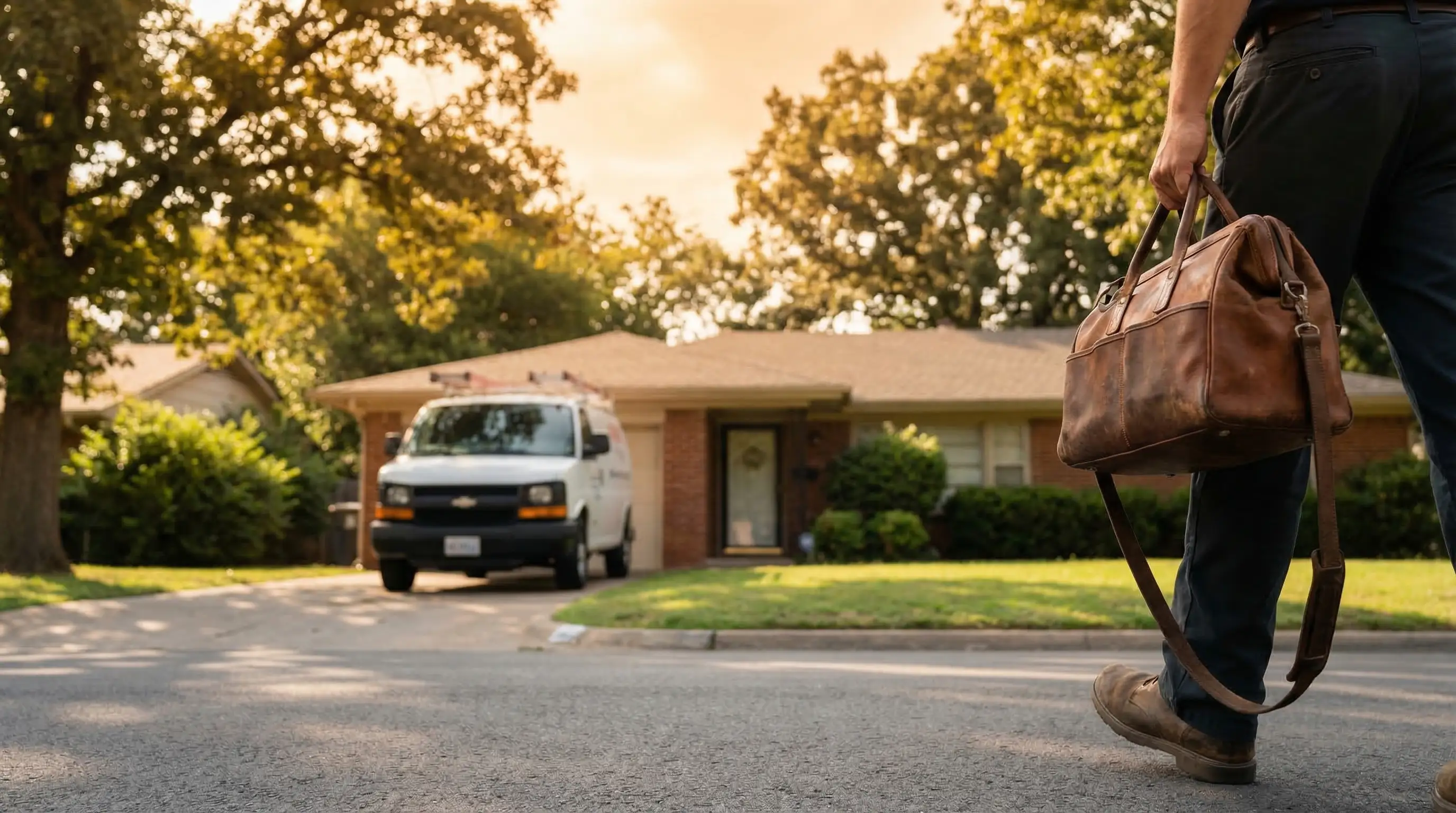Professional HVAC technician servicing an outdoor air conditioning unit at a brick ranch home in Tulsa, OK