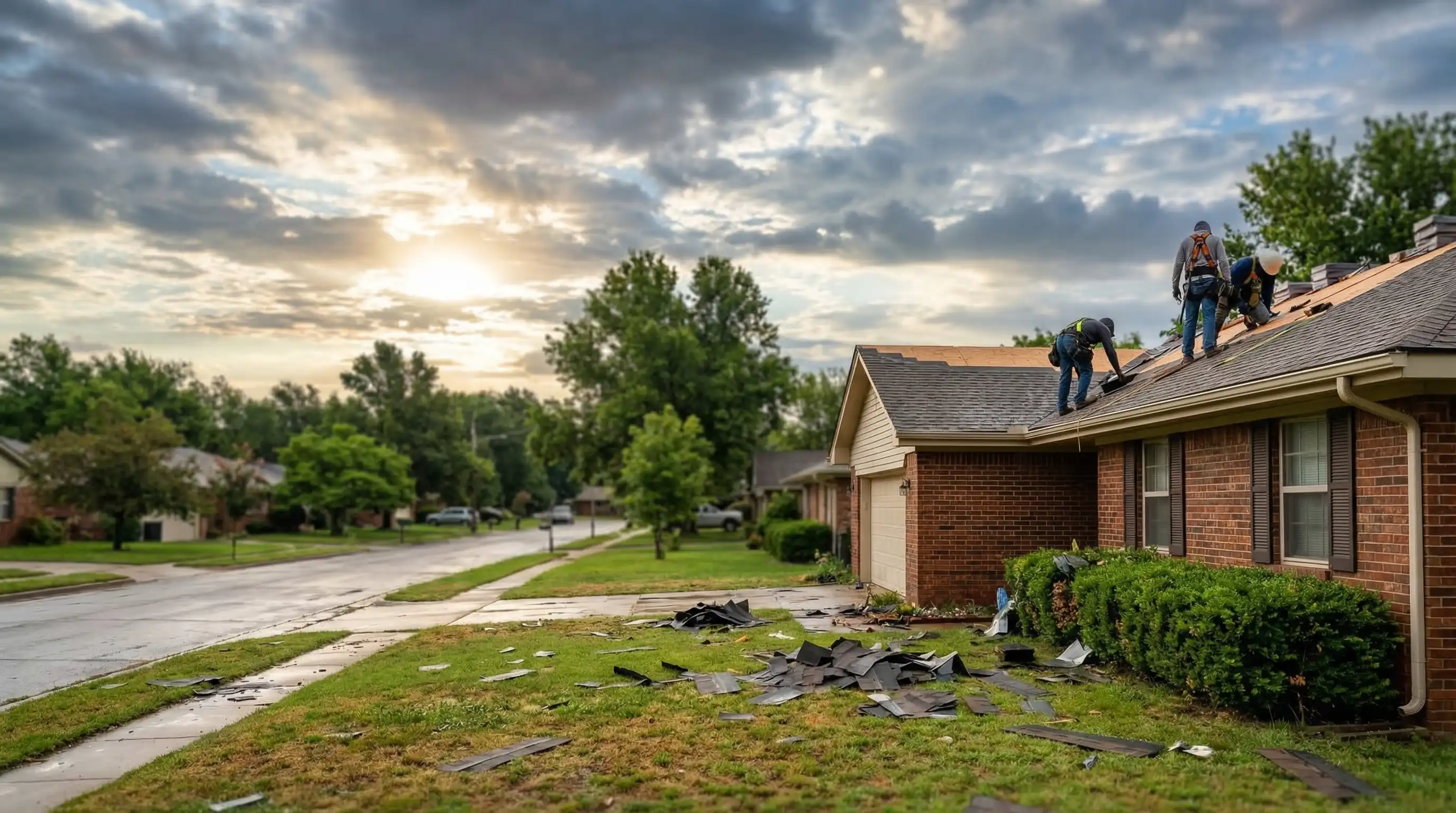 Roofing contractor inspecting hail damage on asphalt shingles on a residential home in Tulsa, OK