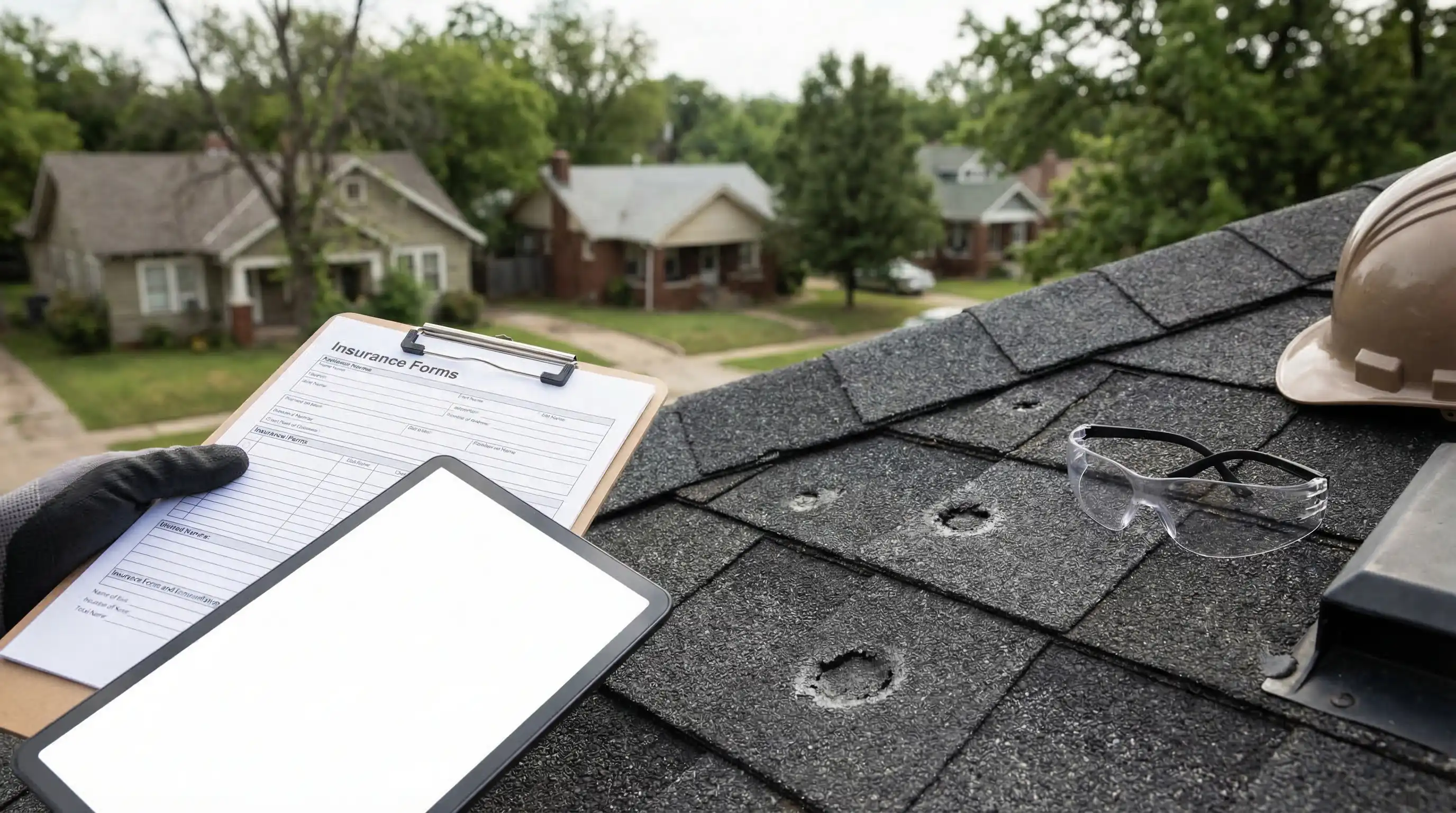 Roofing contractor inspecting hail damage on asphalt shingles on a residential home in Tulsa, OK