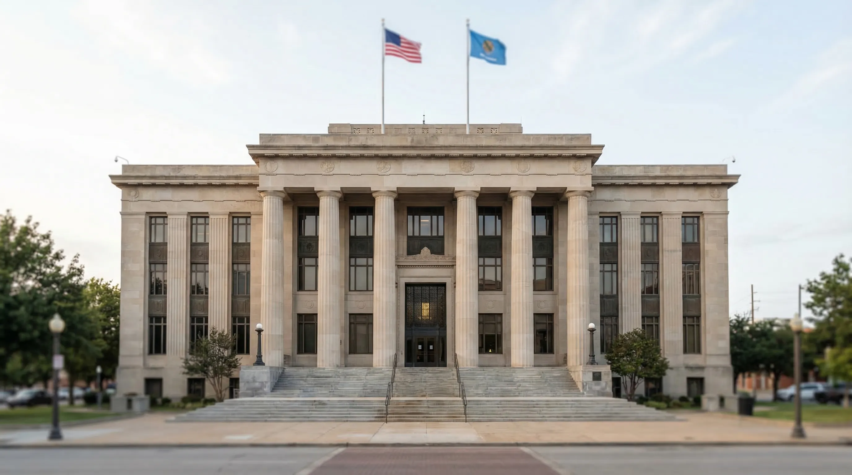 Professional attorney in a modern law office in downtown Tulsa, OK with city skyline visible through window