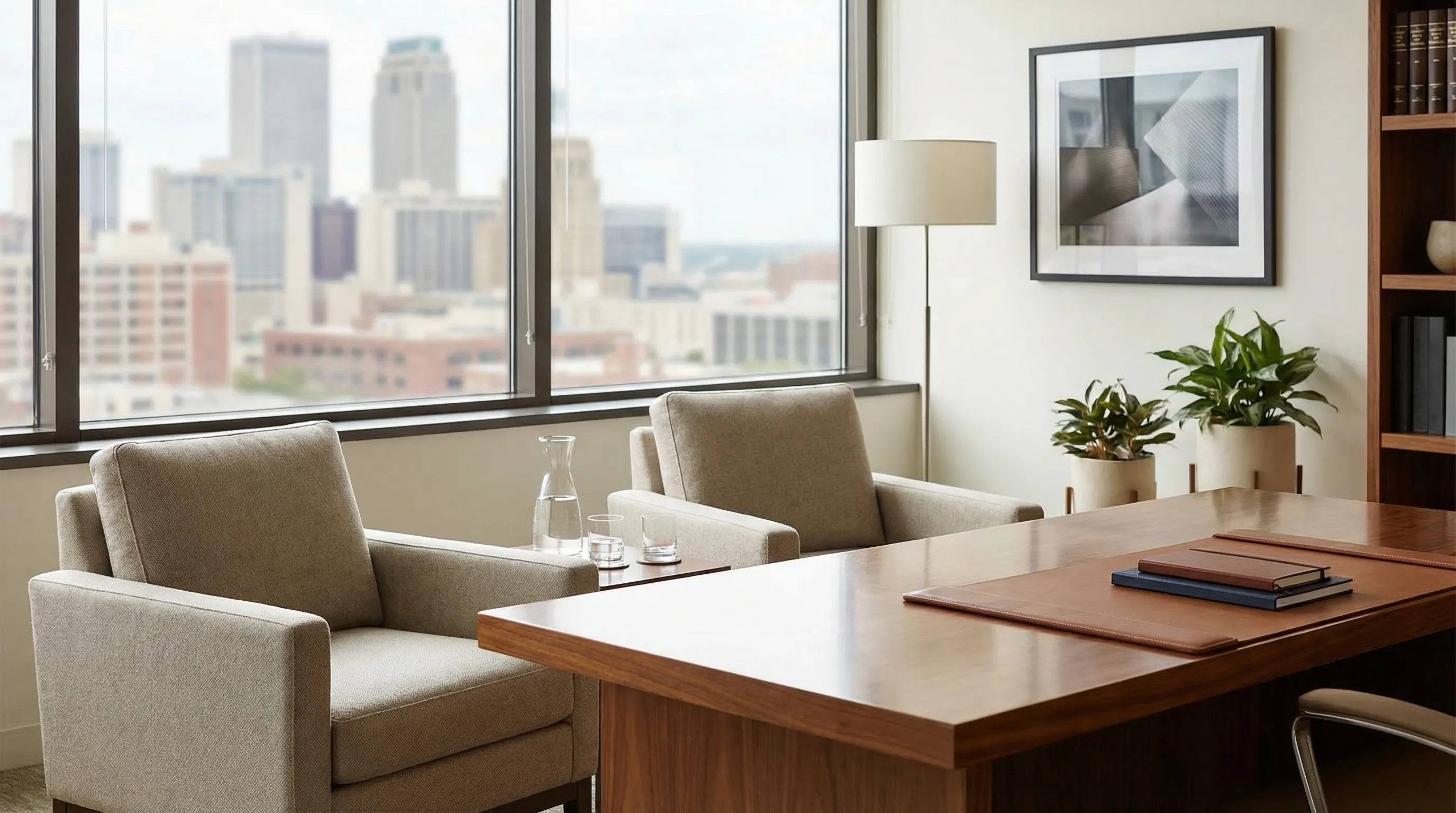 Professional attorney in a modern law office in downtown Tulsa, OK with city skyline visible through window