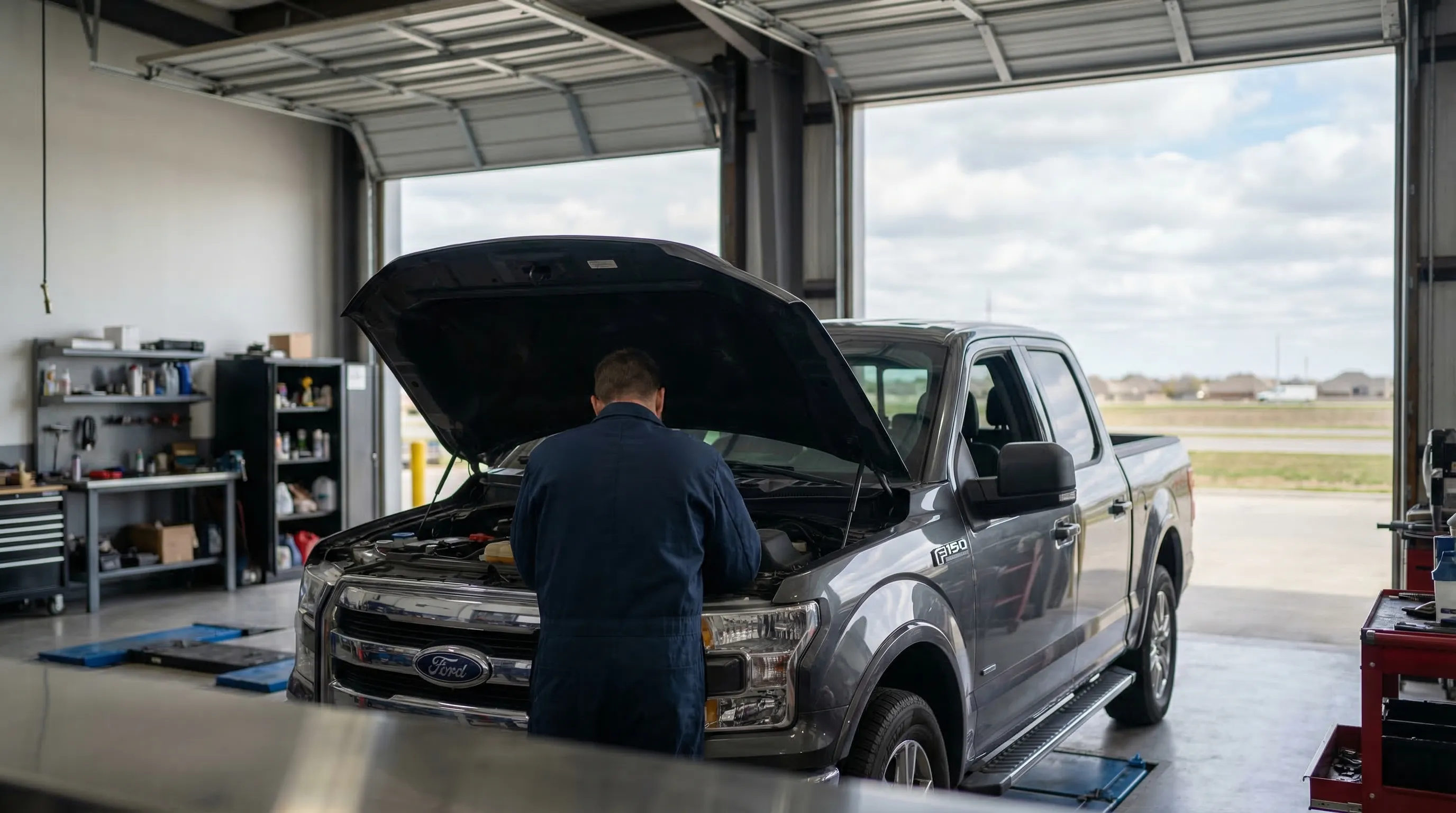 Auto mechanic using diagnostic equipment on a vehicle in a clean professional repair shop in Tulsa, OK