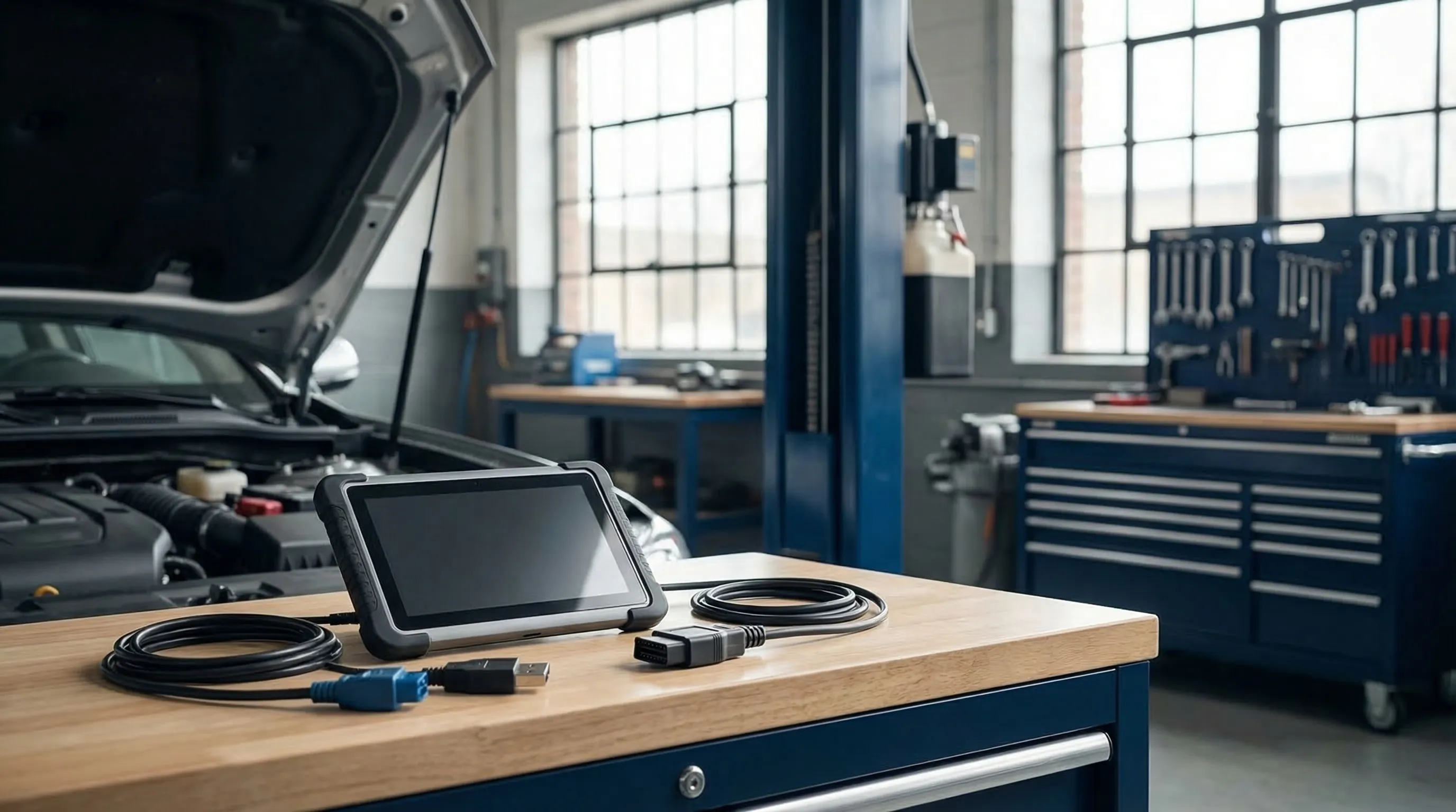 Auto mechanic using diagnostic equipment on a vehicle in a clean professional repair shop in Tulsa, OK