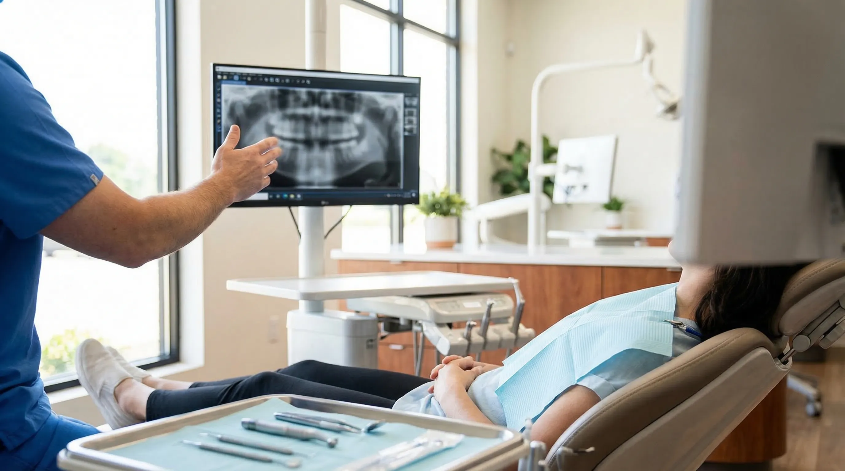 Modern dental office exterior in Tulsa, OK suburban strip — clean professional signage, blue Oklahoma sky, welcoming entrance