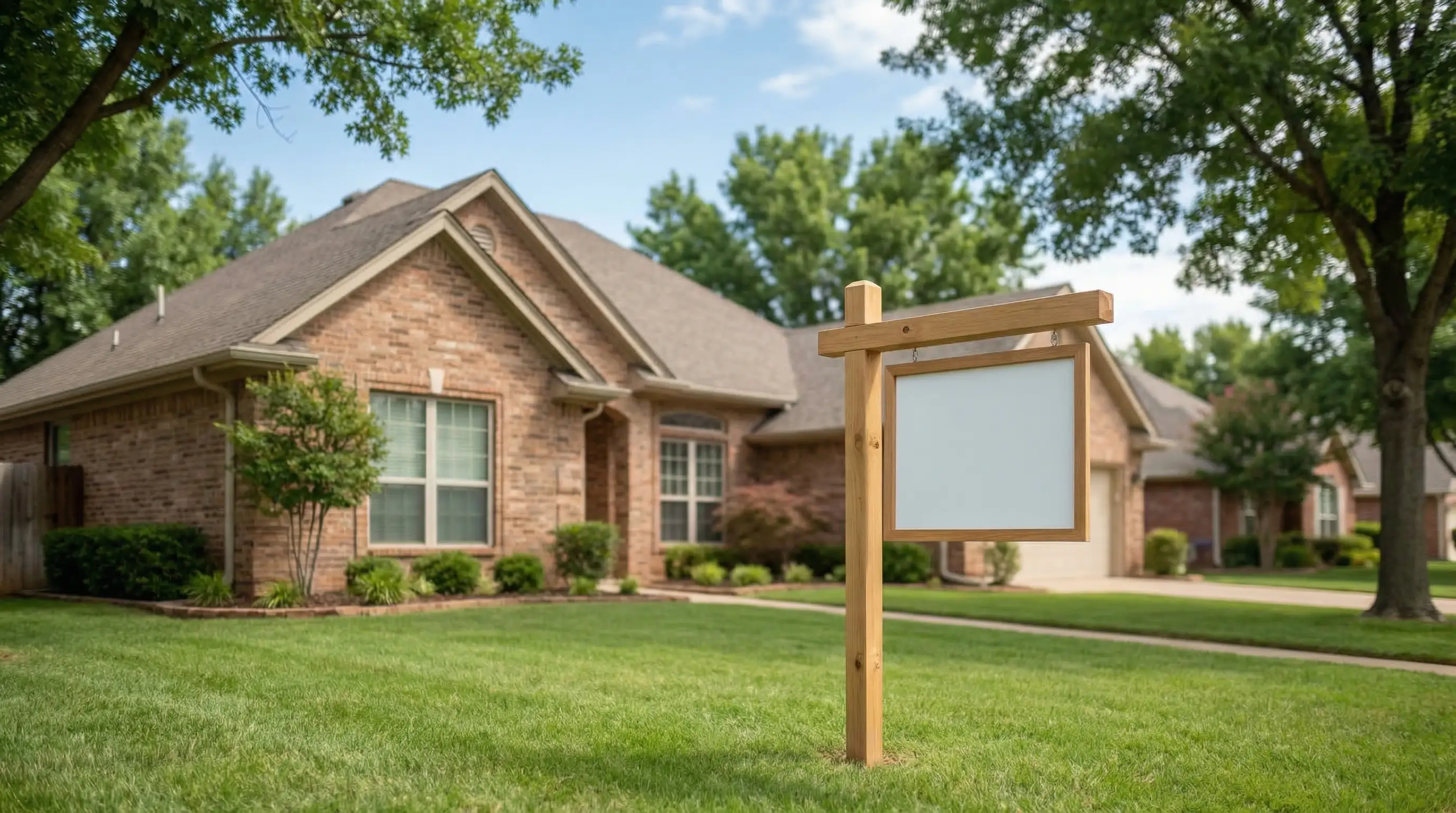 Well-maintained brick home on a tree-lined South Tulsa street with green lawn, blue Oklahoma sky, and a for-sale sign in the front yard