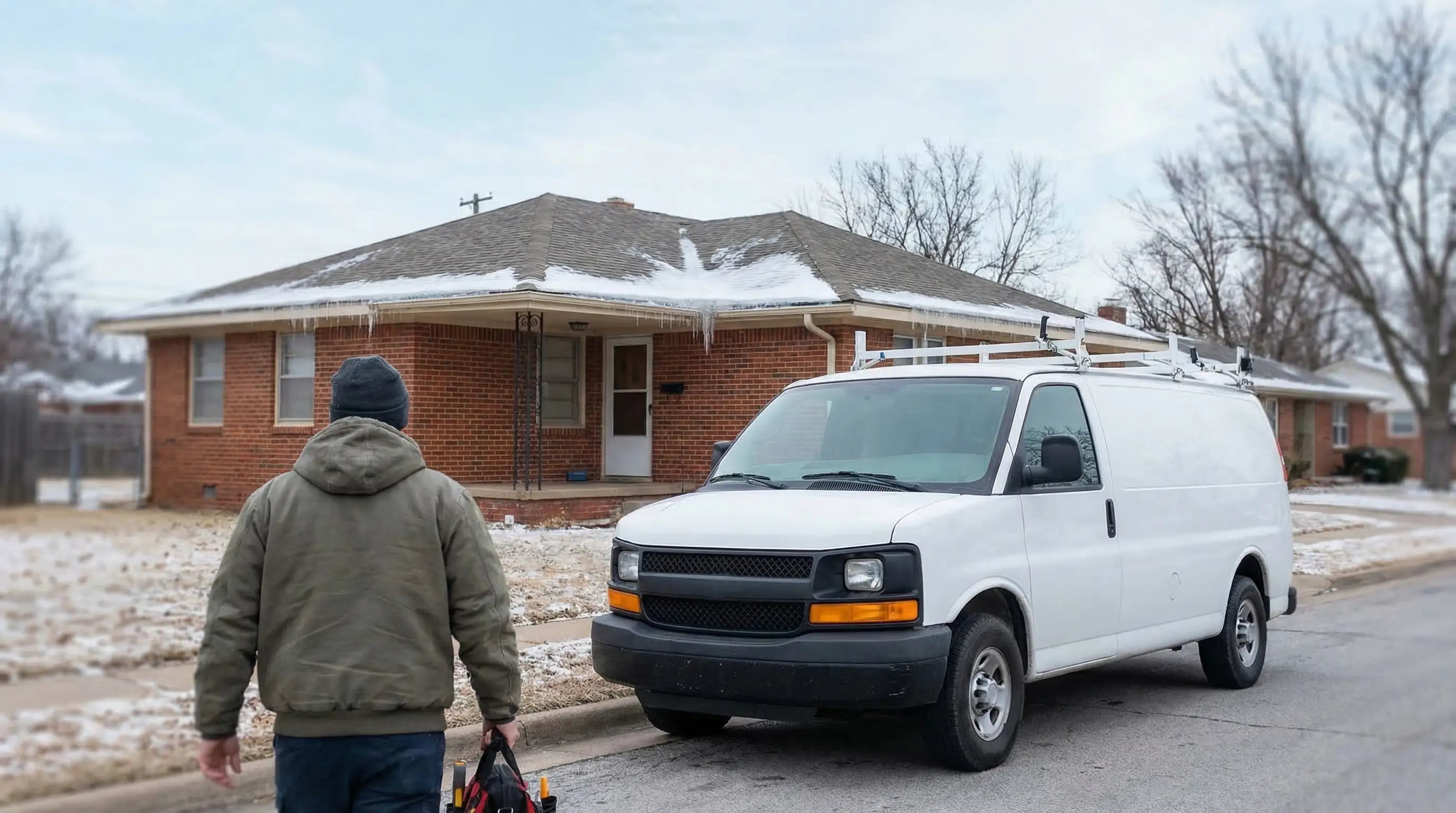 Plumber's service van parked outside a Tulsa brick ranch home in winter — ice on the roofline, technician heading to the door with a toolbag