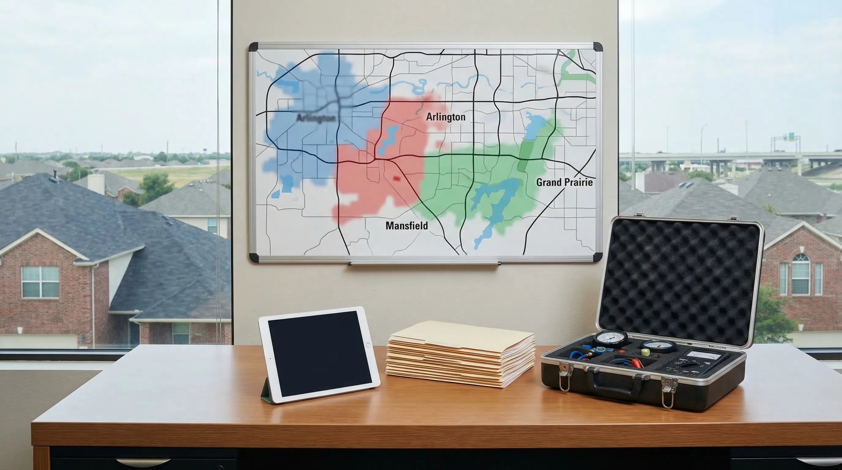 Professional HVAC technician servicing a residential air conditioning system on a suburban home in Arlington, TX
