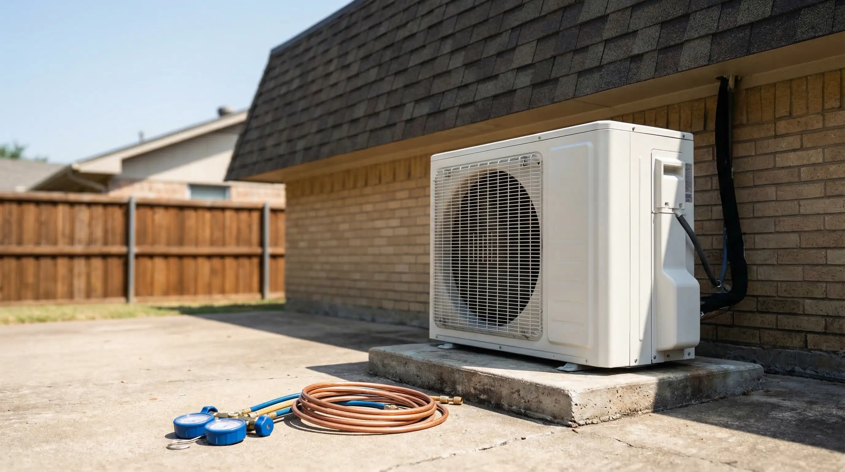 Professional HVAC technician servicing a residential air conditioning system on a suburban home in Arlington, TX