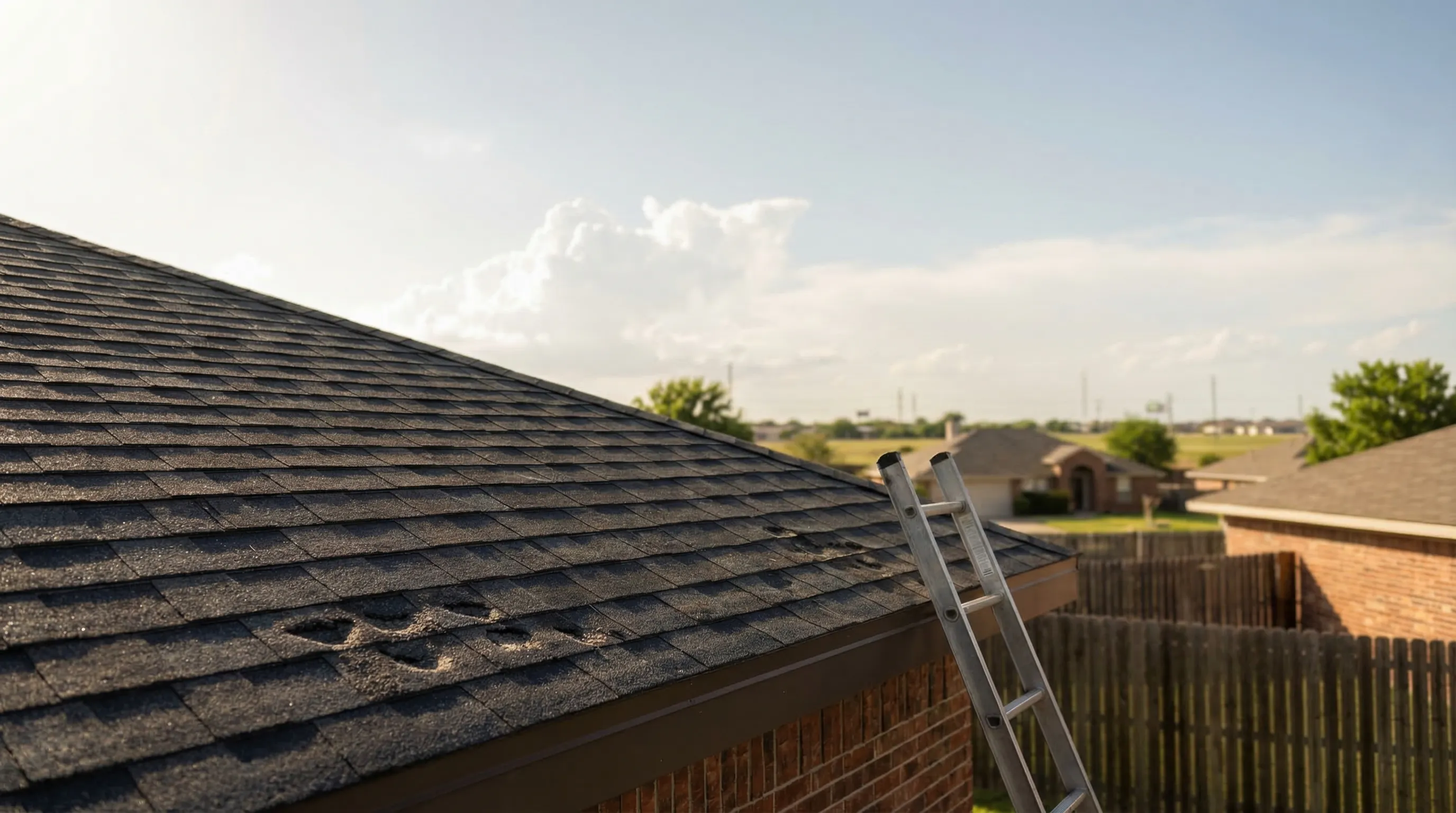 Professional roofing contractor inspecting hail damage on a residential roof in a suburban Arlington, TX neighborhood