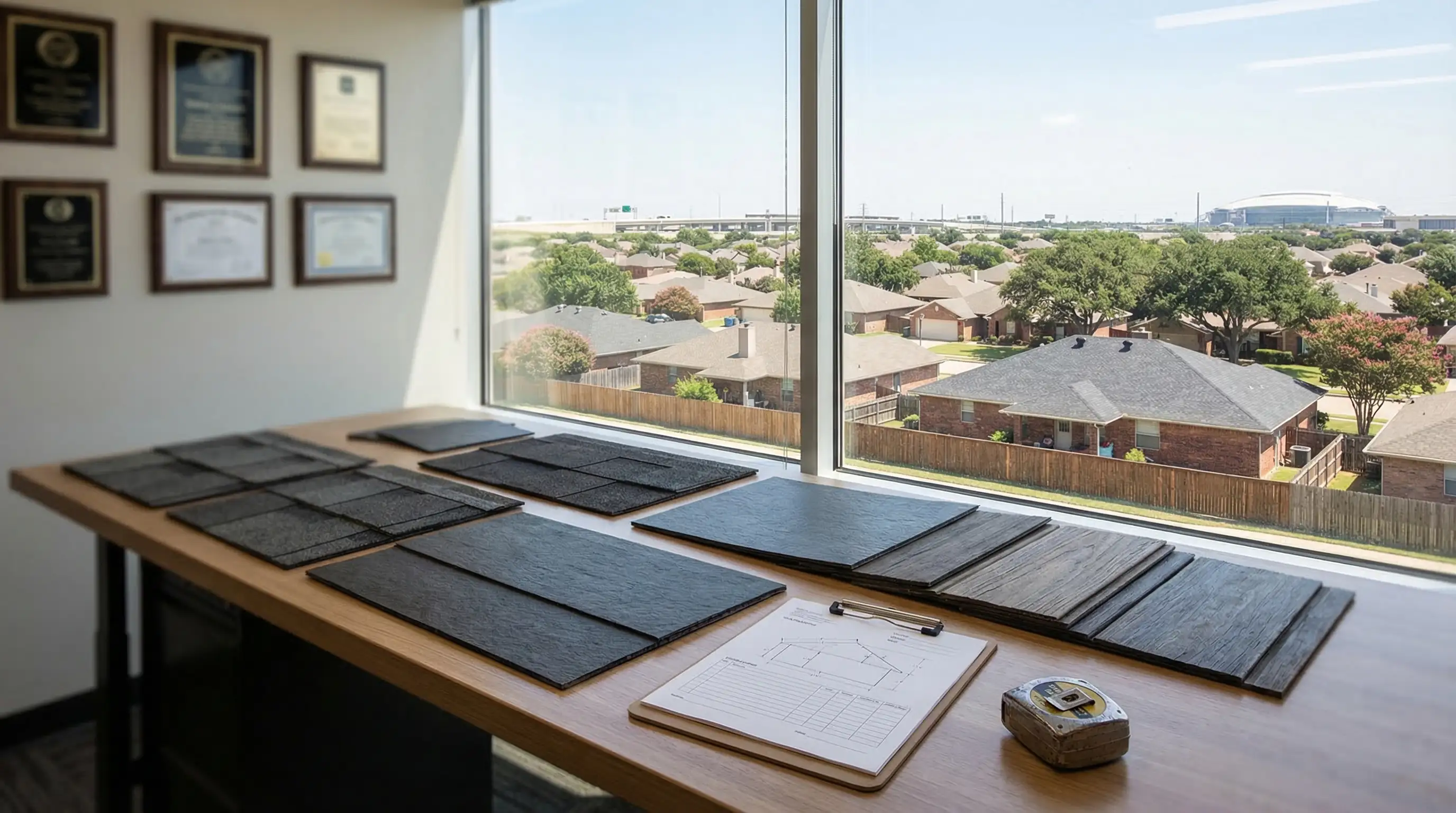Professional roofing contractor inspecting hail damage on a residential roof in a suburban Arlington, TX neighborhood