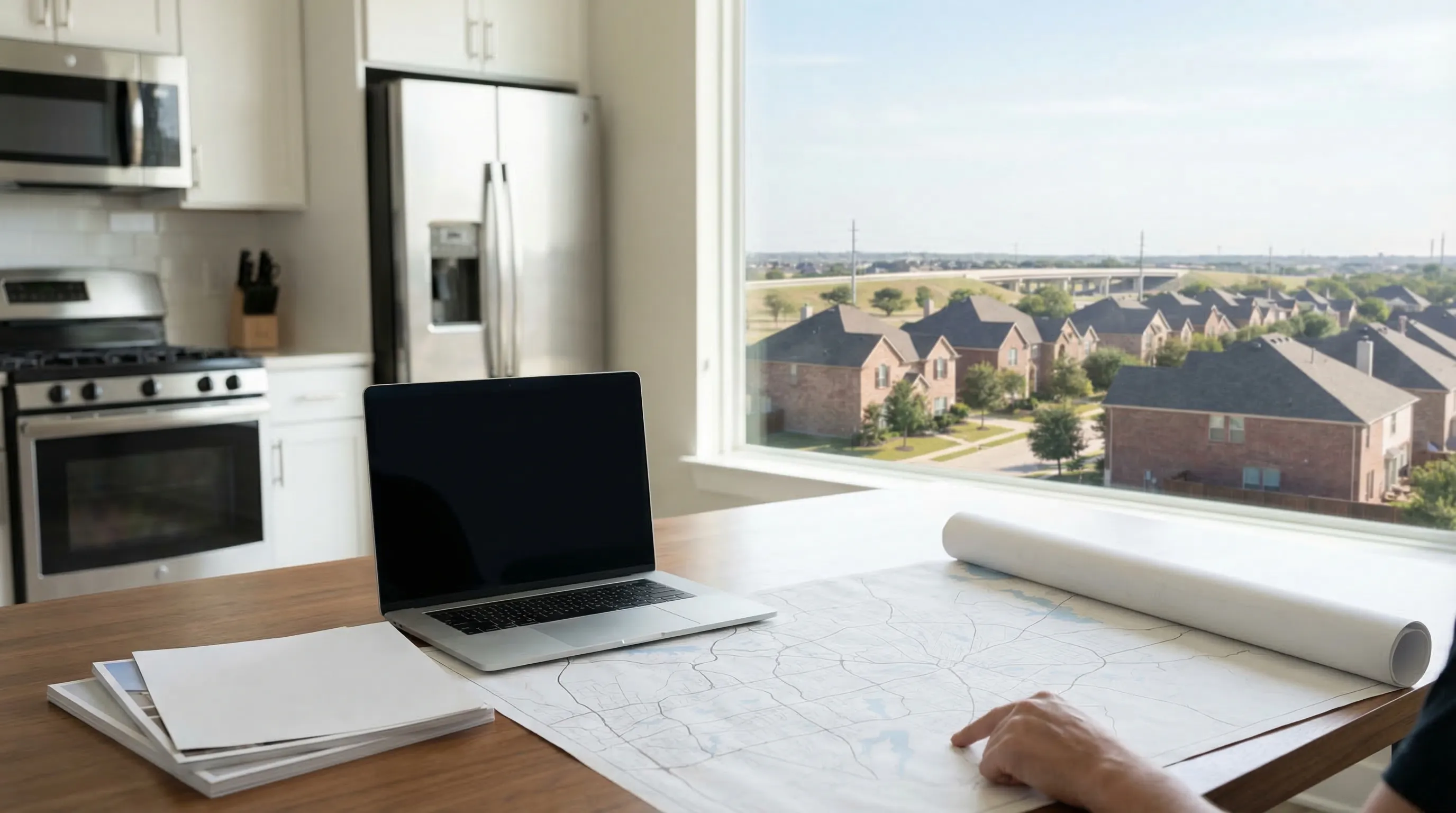 Professional real estate agent reviewing Arlington TX neighborhood listings with clients in a modern home office setting