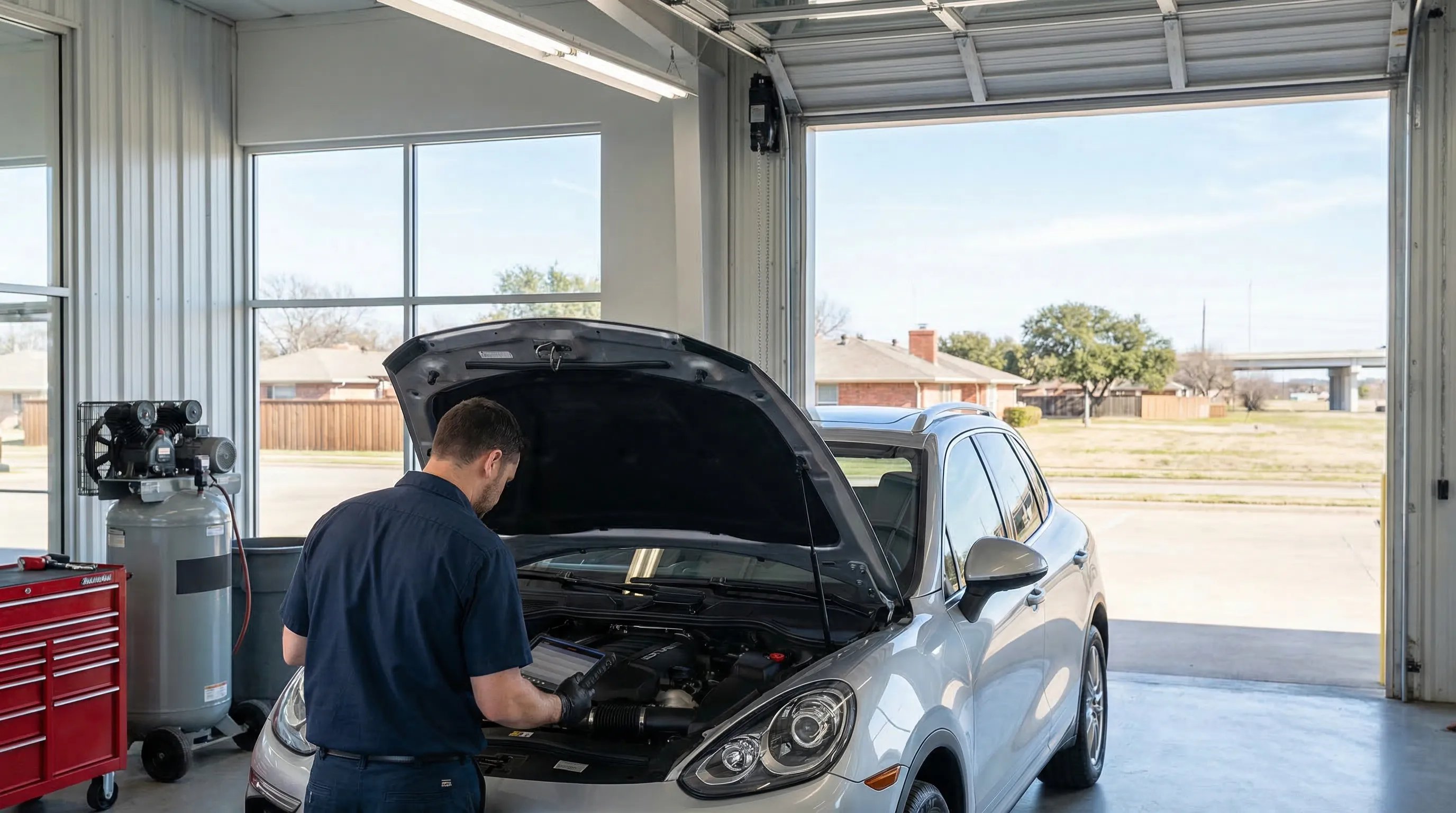 Independent auto mechanic inspecting a full-size SUV on a lift inside a professional Arlington TX auto repair shop