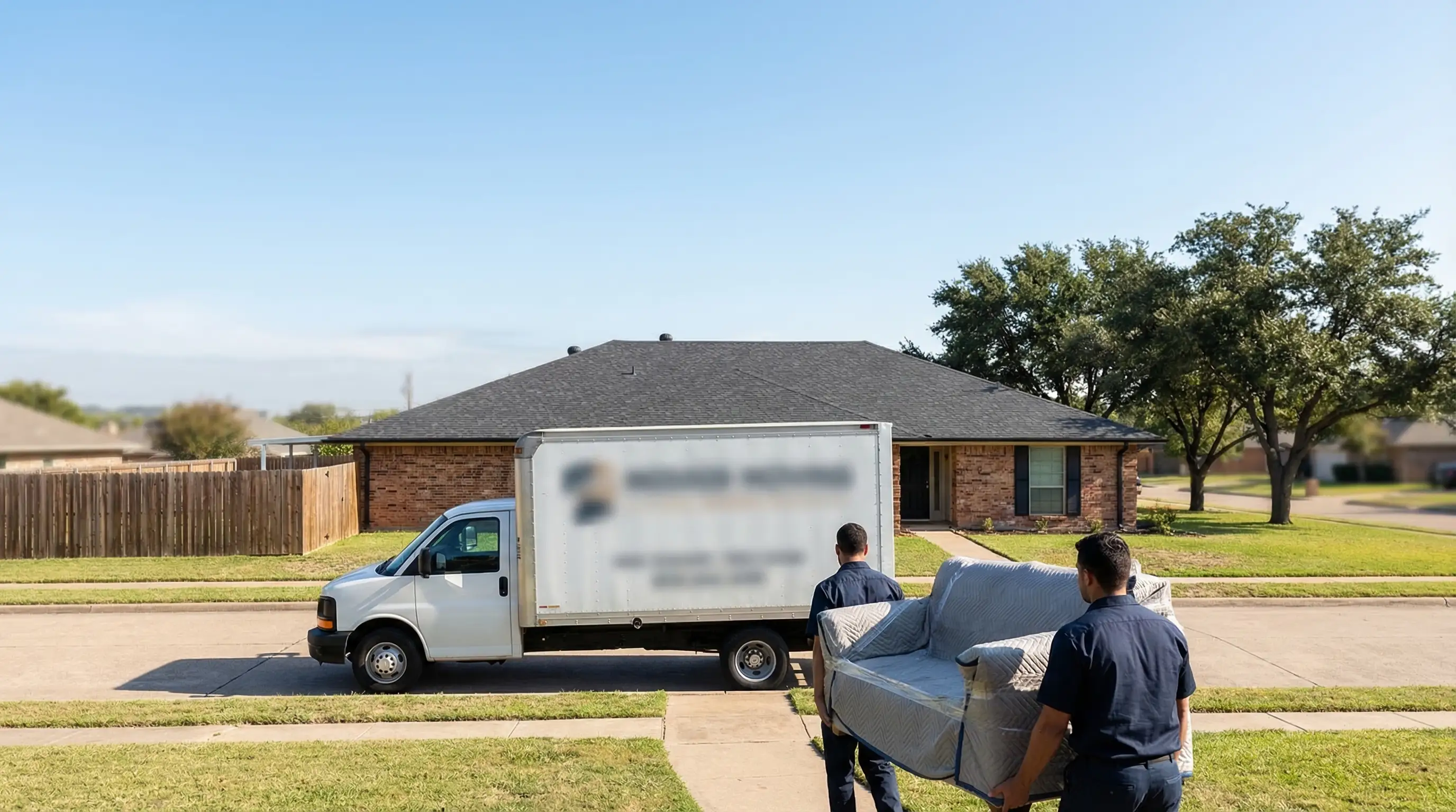 Professional moving crew carefully loading furniture into a branded moving truck outside a brick home in Arlington TX