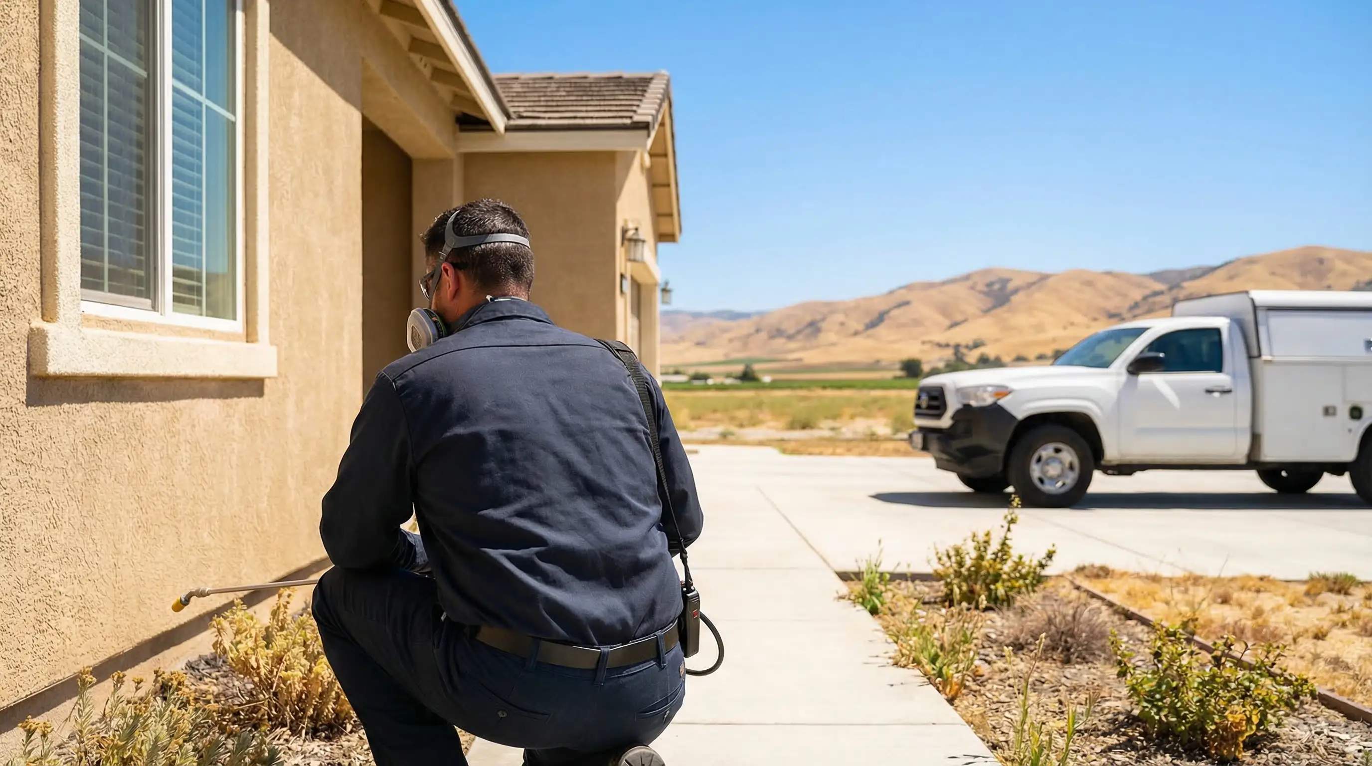 Pest control technician performing treatment for pest control services in Bakersfield, CA
