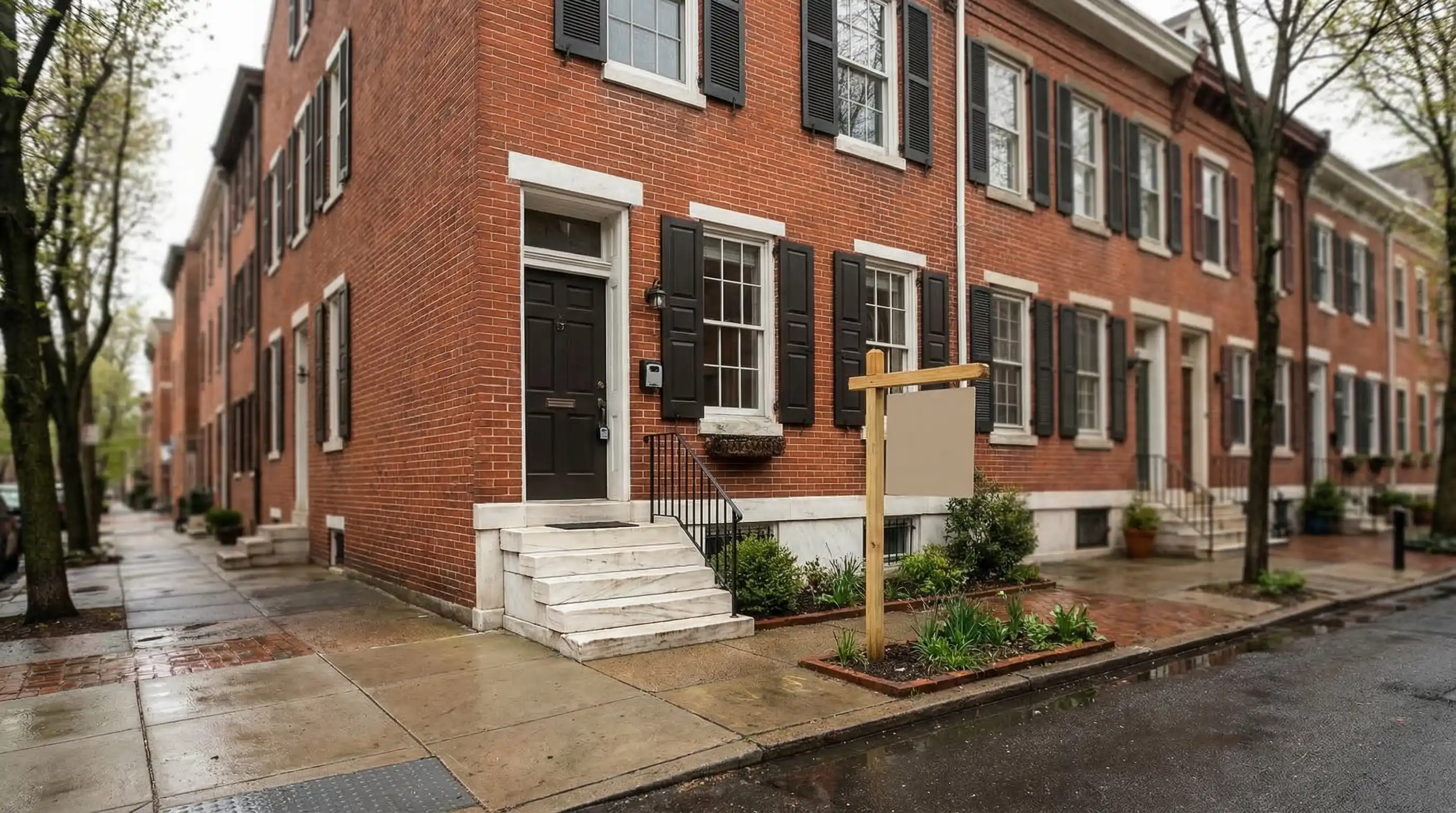 Classic Philadelphia red-brick row home for sale on tree-lined street for real estate PPC in Philadelphia PA