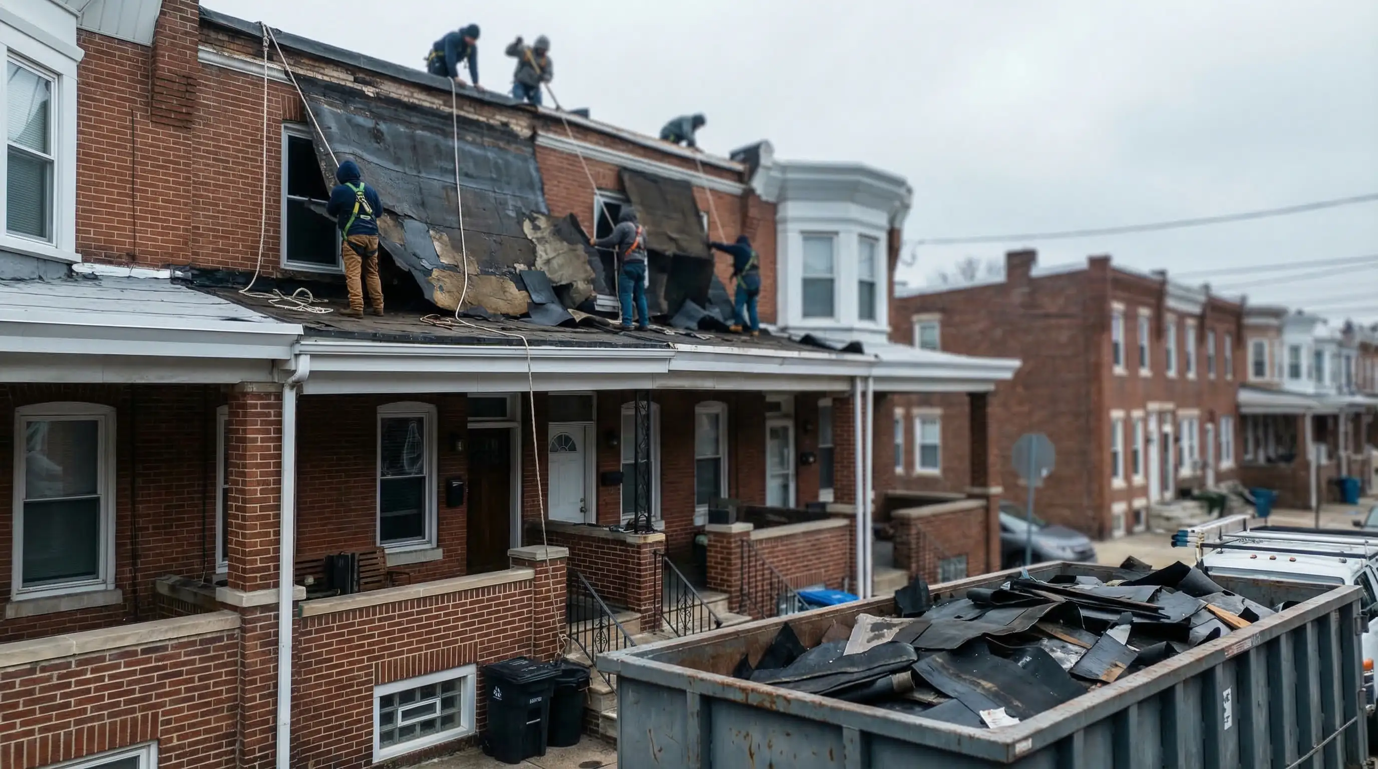 Roofing crew installing EPDM flat roof on Philadelphia row home for roofing PPC in Philadelphia PA