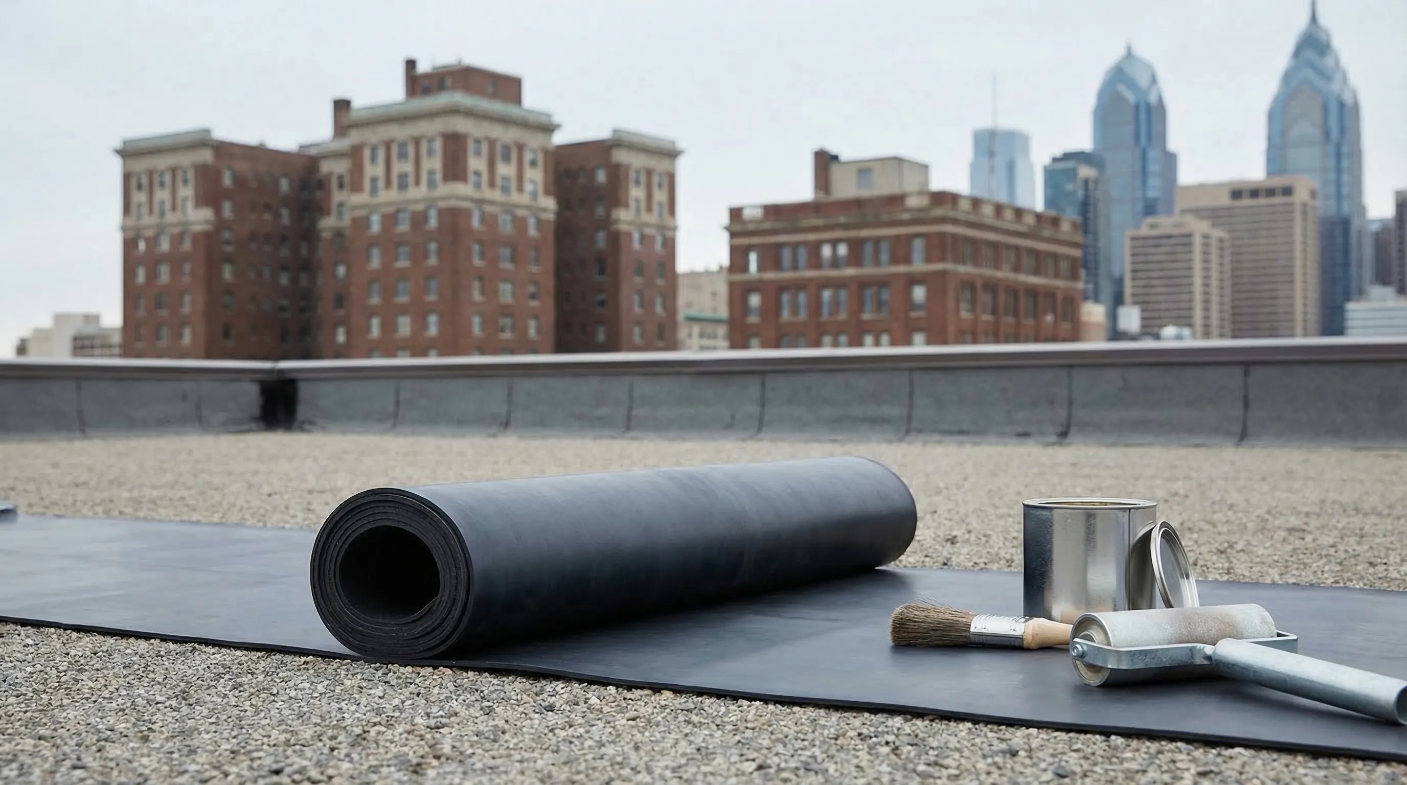 Roofing crew installing EPDM flat roof on Philadelphia row home for roofing PPC in Philadelphia PA