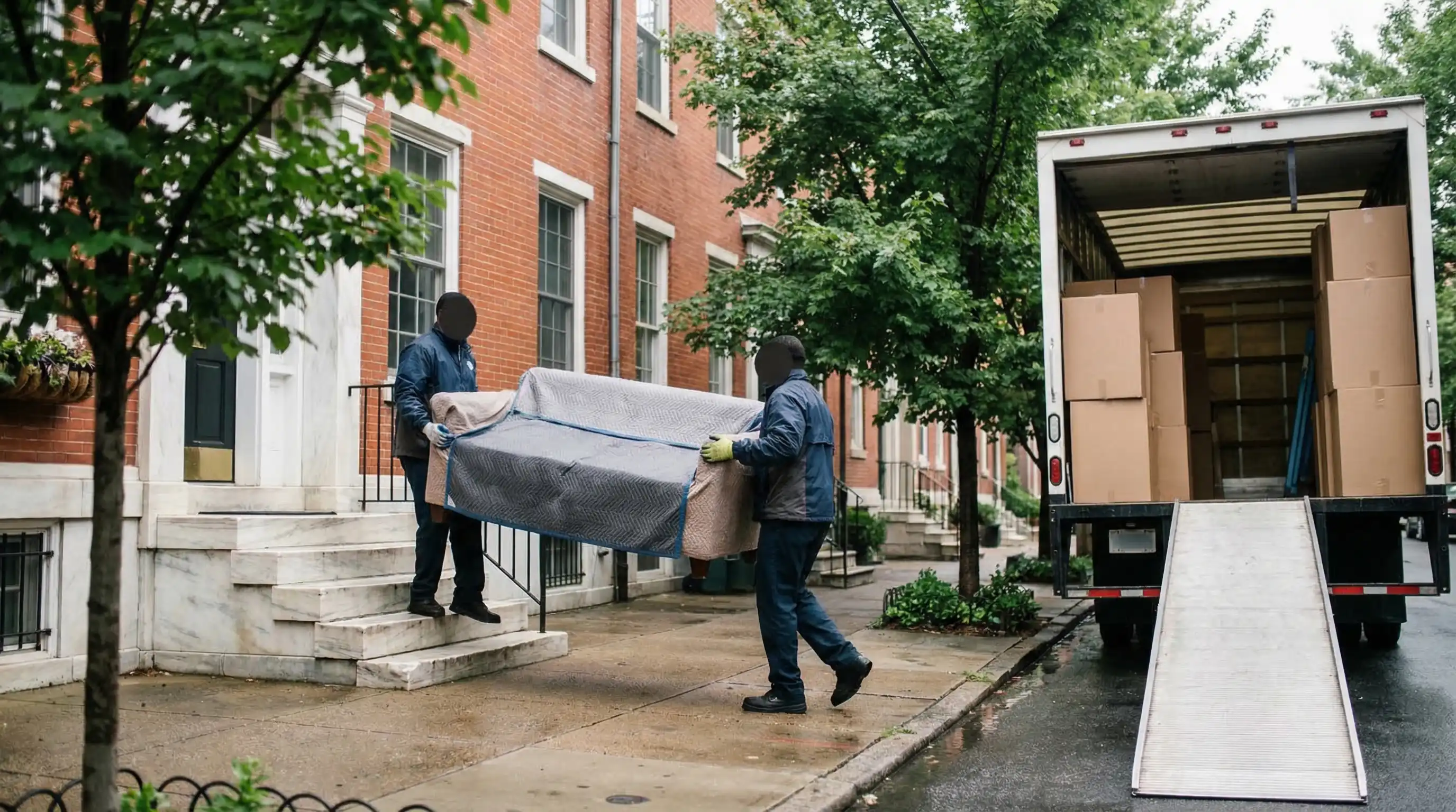 Moving crew carrying furniture down Philadelphia row home marble steps for moving company PPC in Philadelphia PA