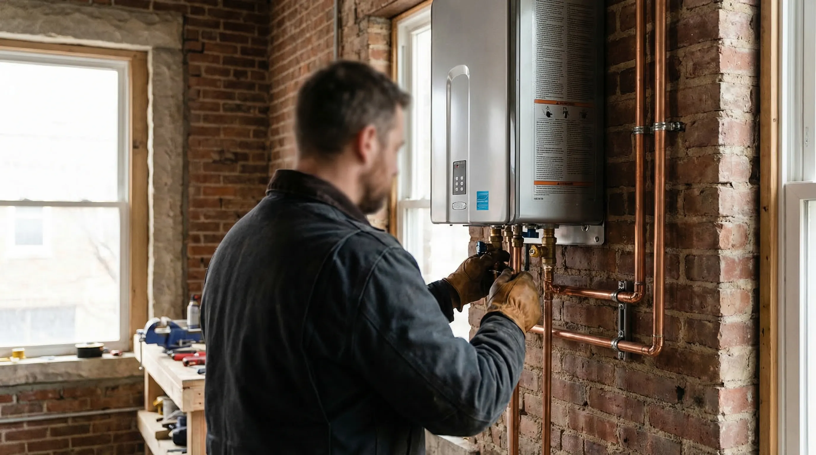 Plumber installing water heater in Philadelphia row home utility room for plumbing PPC in Philadelphia PA