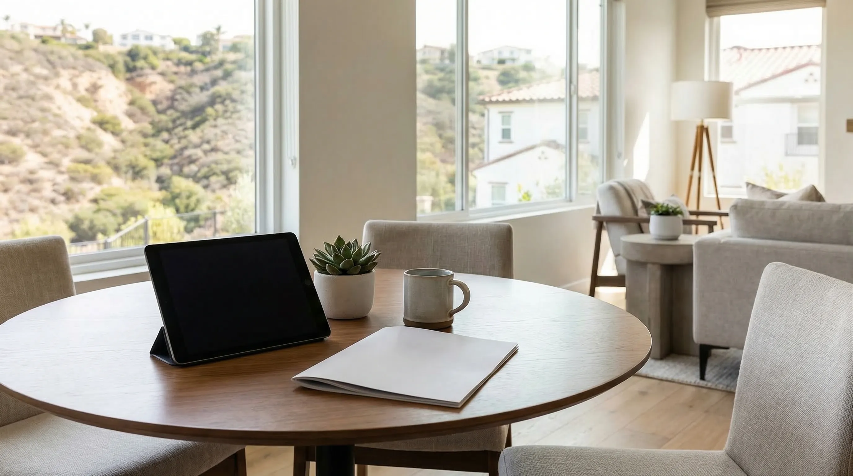 Real estate agent showing a modern Spanish-style San Diego home to buyers in bright California sunlight