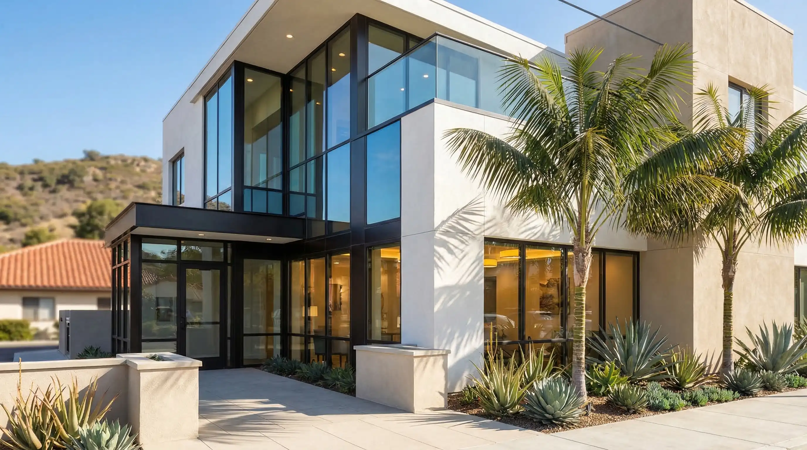 Modern dental office interior in San Diego CA with bright operatory and professional dentist treating patient