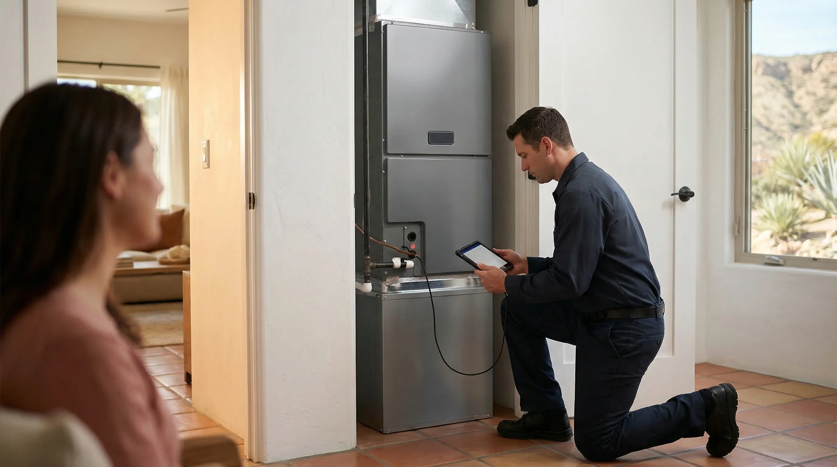 HVAC technician in branded uniform servicing an air conditioning unit outside a San Diego Spanish-style home