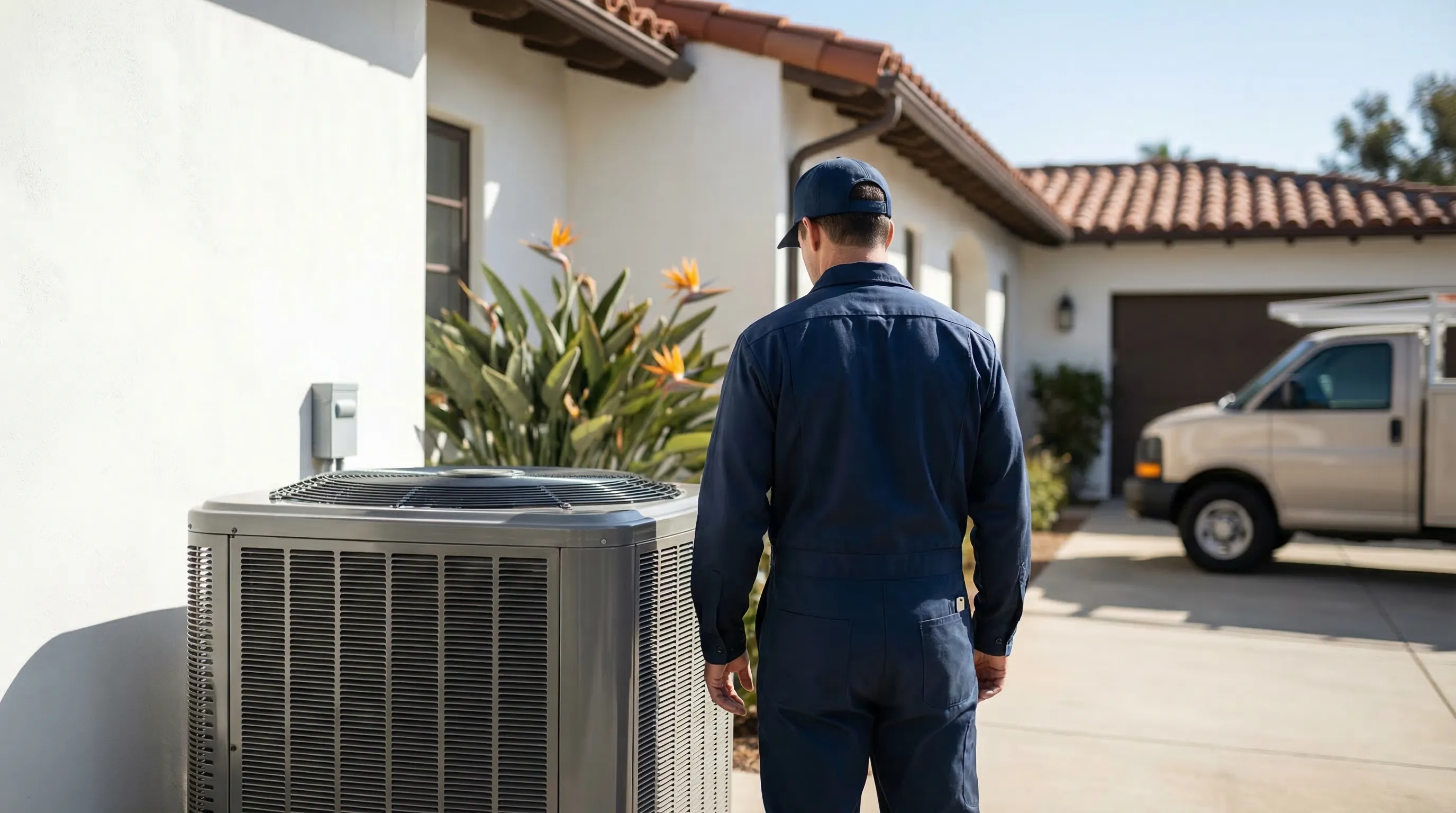 HVAC technician in branded uniform servicing an air conditioning unit outside a San Diego Spanish-style home