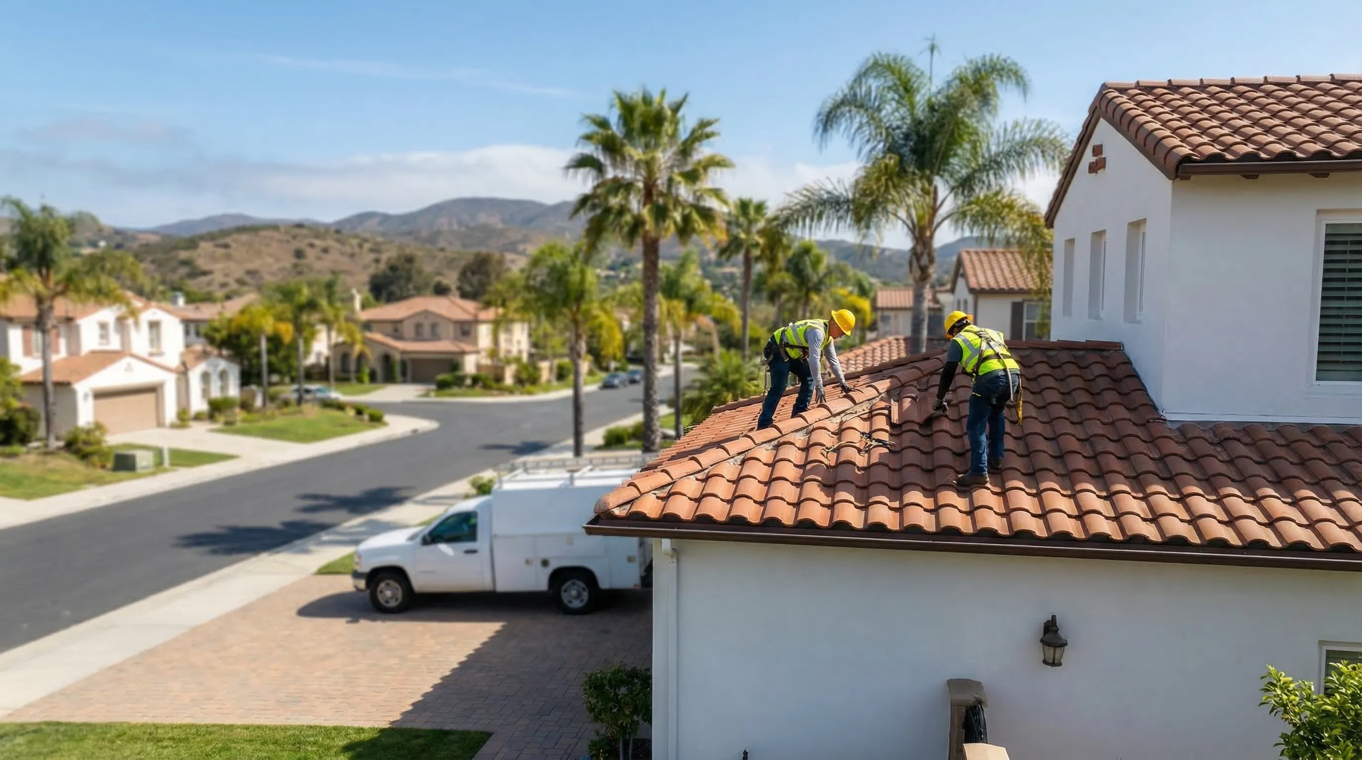 Professional roofing crew replacing clay tile roof on a Spanish-style home in San Diego, CA