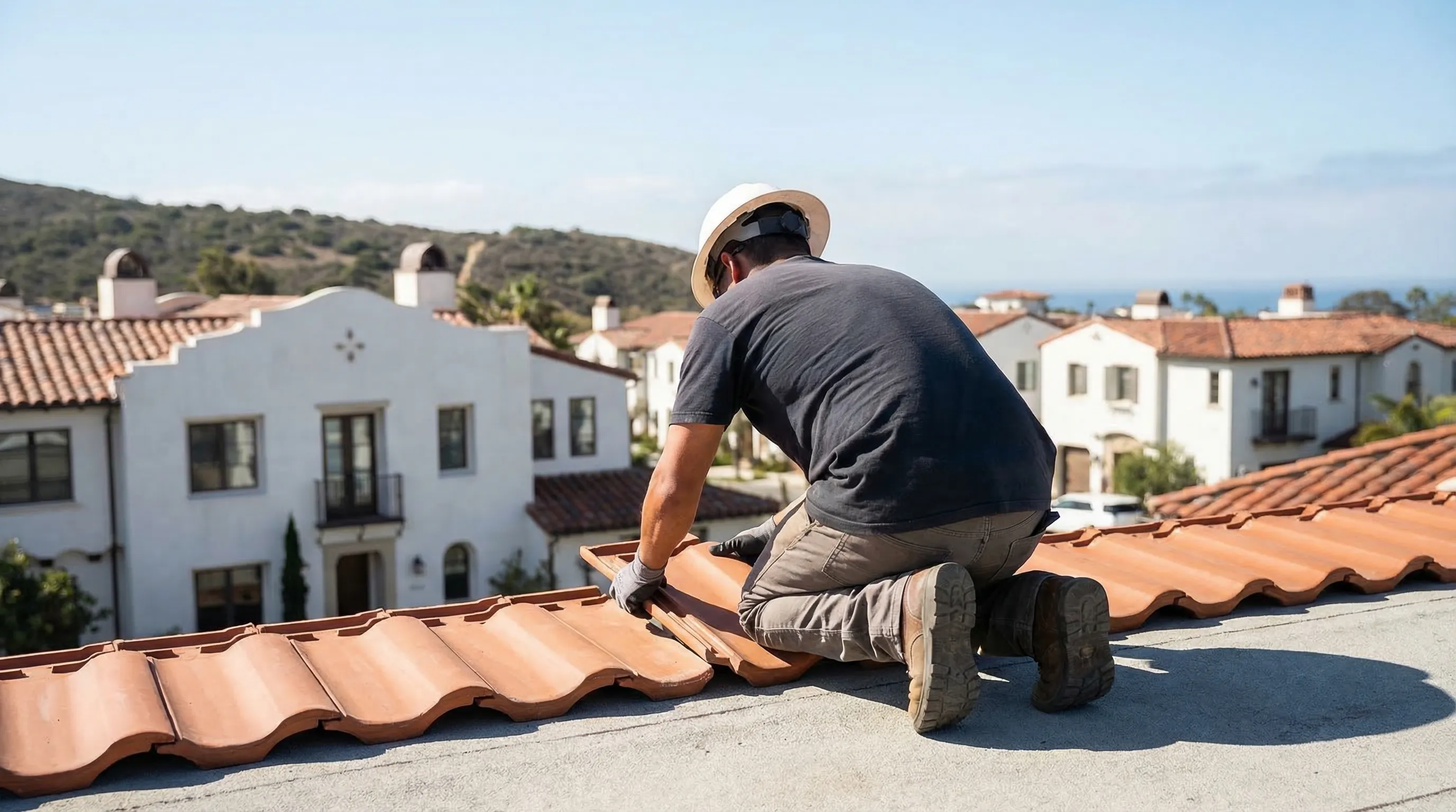 Professional roofing crew replacing clay tile roof on a Spanish-style home in San Diego, CA