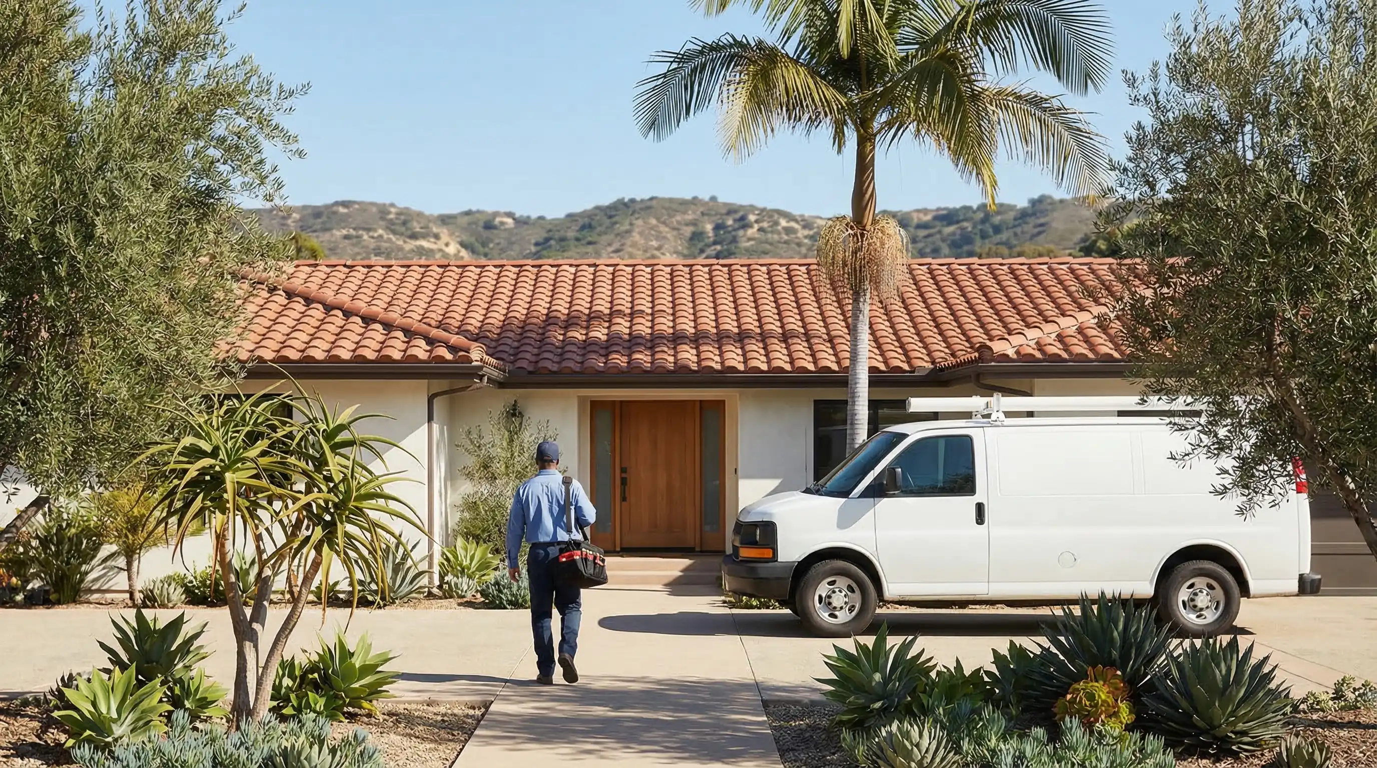 Professional plumber in uniform arriving at a mid-century ranch-style home in San Diego, CA with branded service van