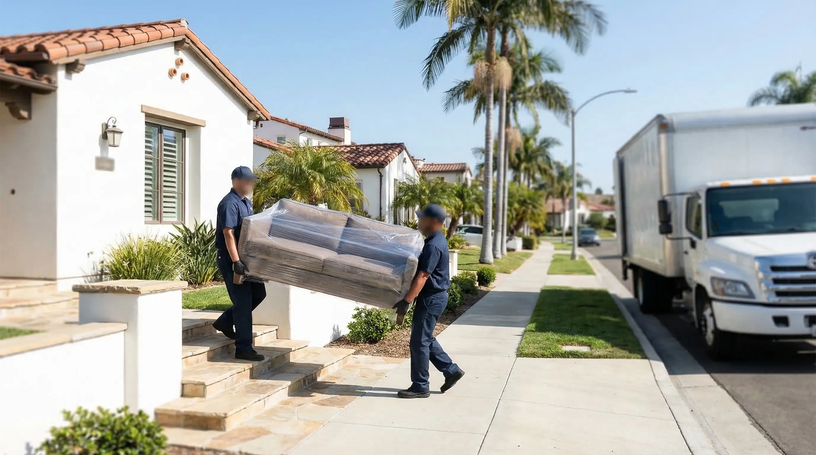 Professional movers carrying furniture from a Spanish-style home on a sunny San Diego residential street with branded moving truck