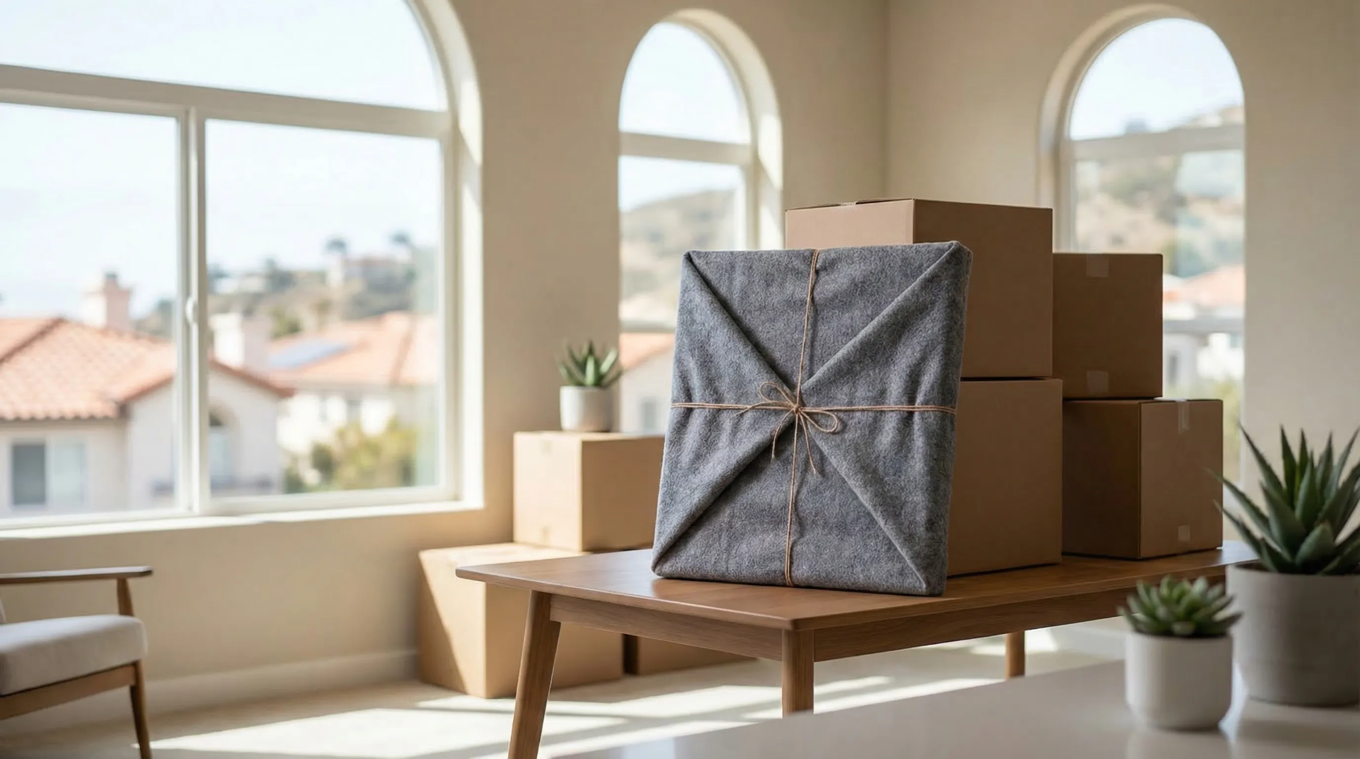 Professional movers carrying furniture from a Spanish-style home on a sunny San Diego residential street with branded moving truck