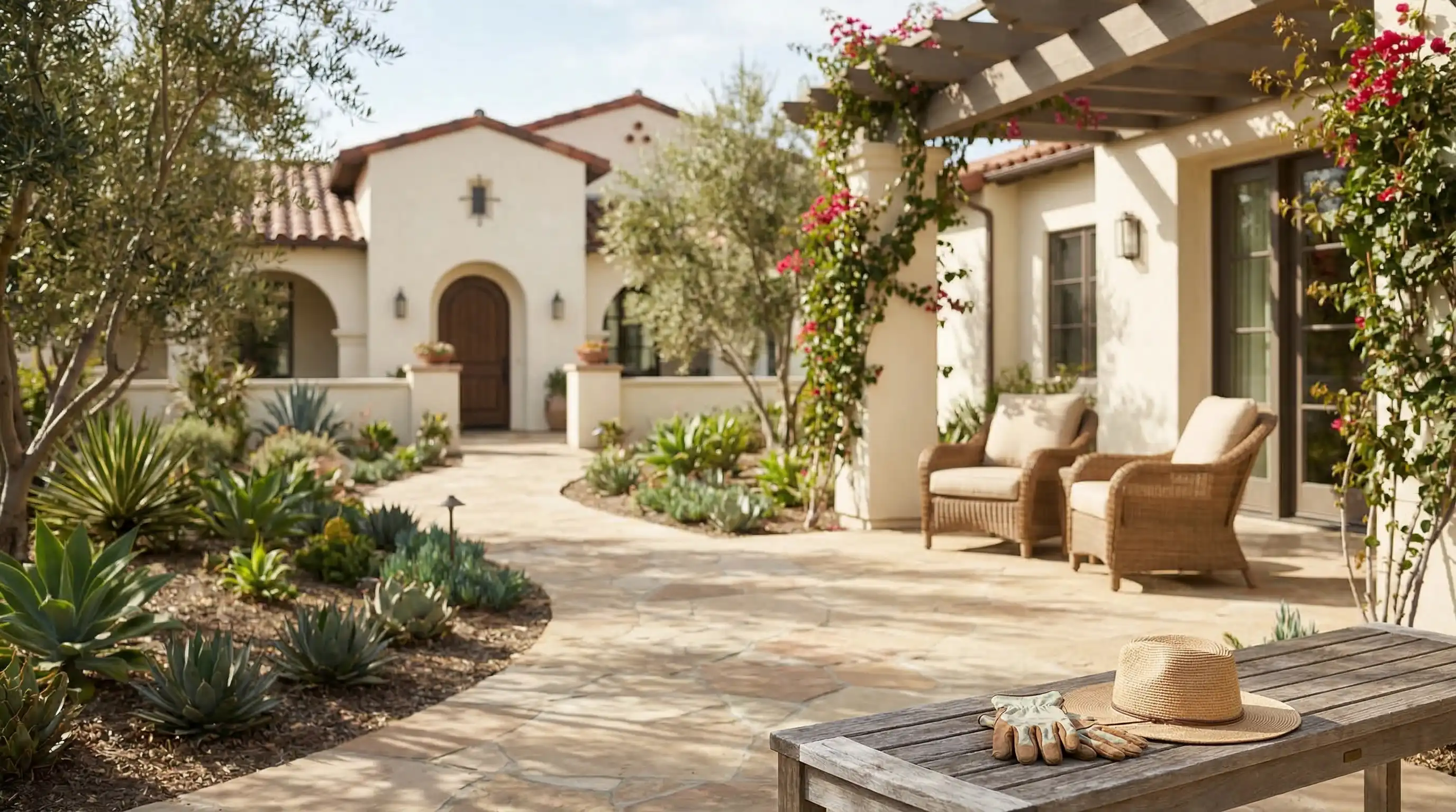 Friendly uniformed caregiver walking with a smiling elderly woman through a sunny garden at a San Diego senior residence