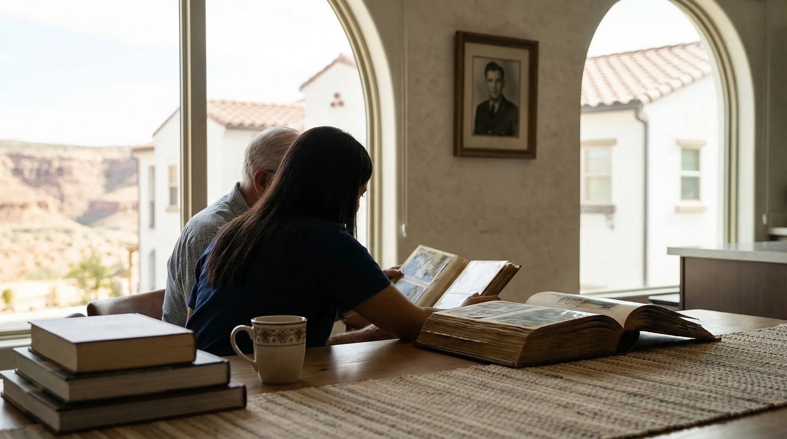 Friendly uniformed caregiver walking with a smiling elderly woman through a sunny garden at a San Diego senior residence