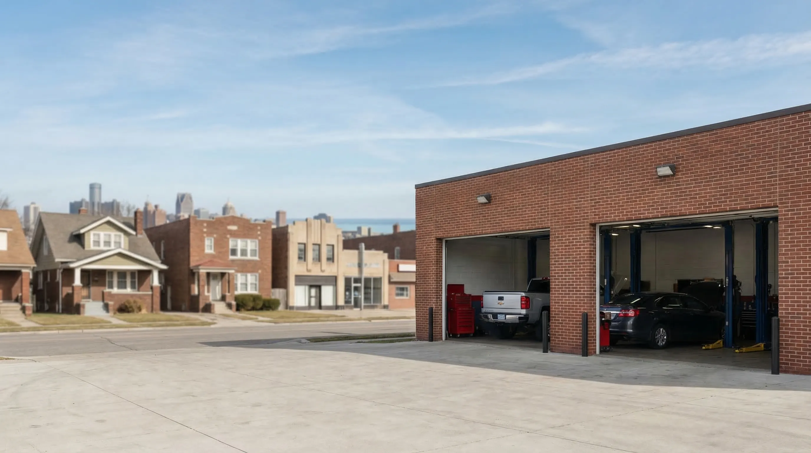 Professional auto repair shop interior with mechanic working on a vehicle in Detroit, MI