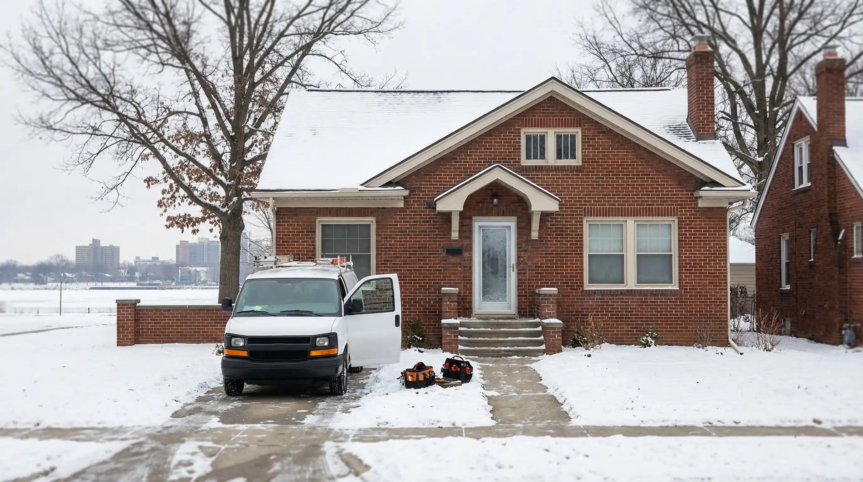 HVAC technician servicing a furnace in a Detroit, MI residential home basement