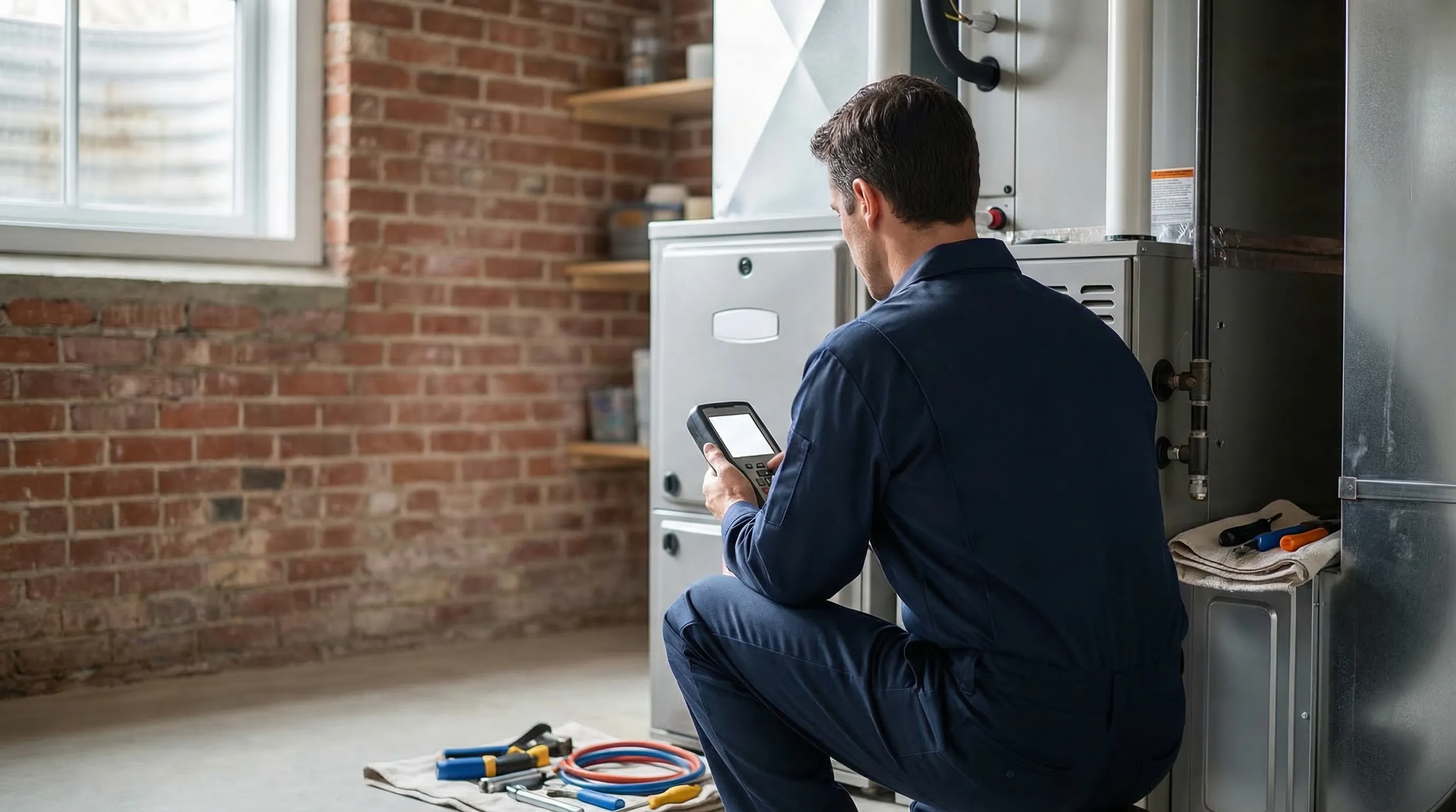 HVAC technician servicing a furnace in a Detroit, MI residential home basement