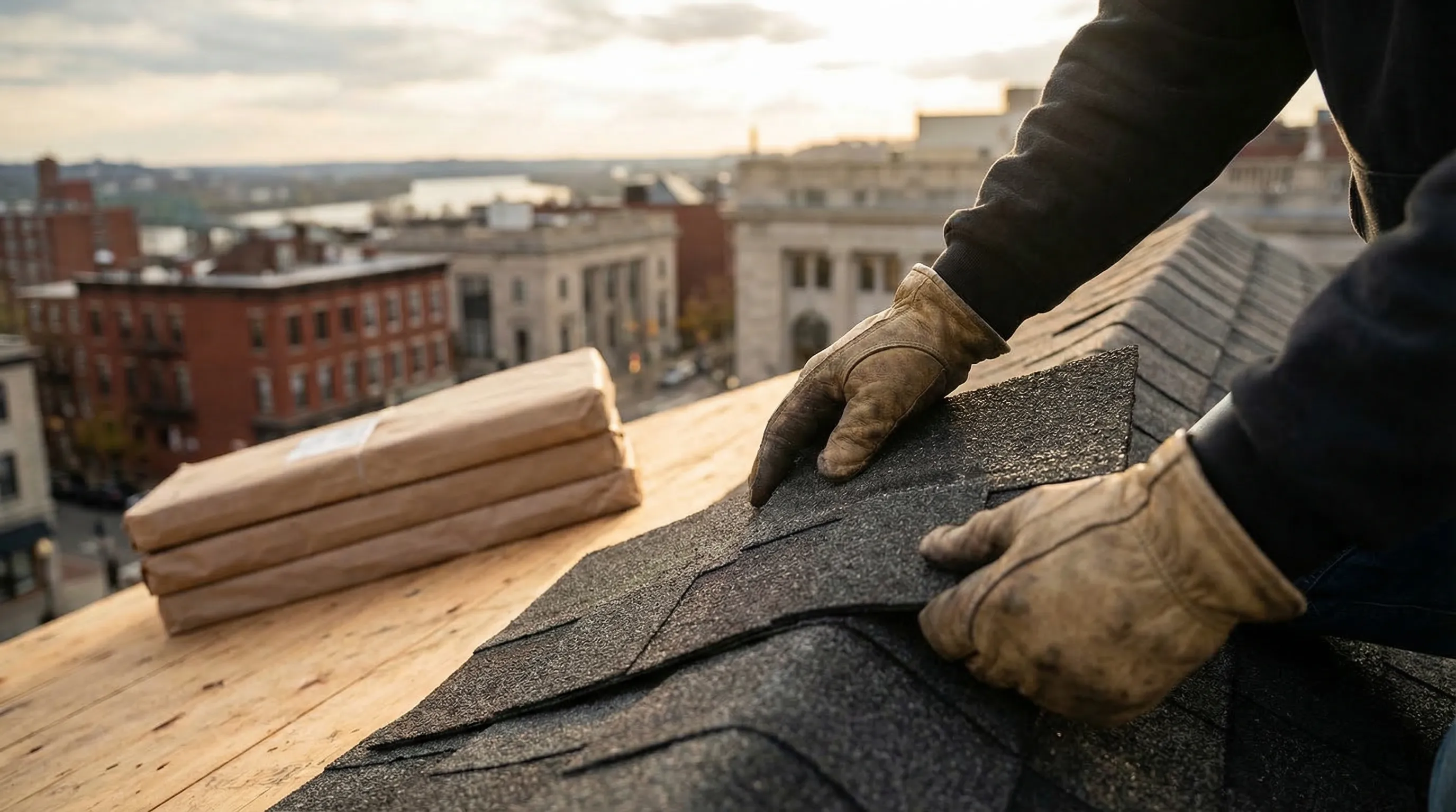 Roofing contractor installing new asphalt shingles on a brick bungalow in Detroit, MI