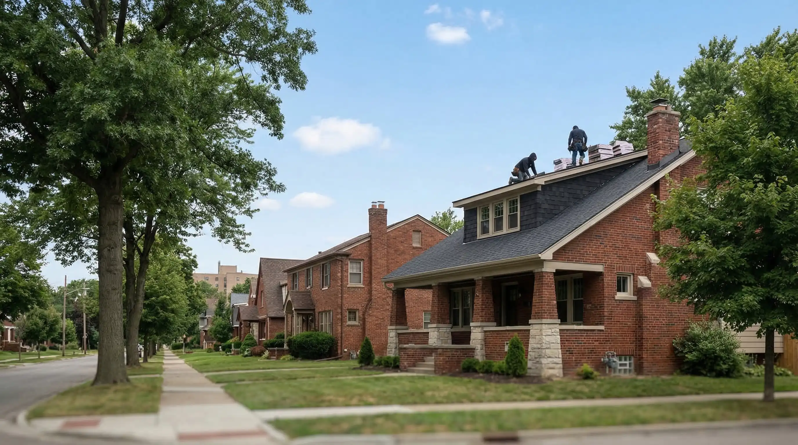 Roofing contractor installing new asphalt shingles on a brick bungalow in Detroit, MI