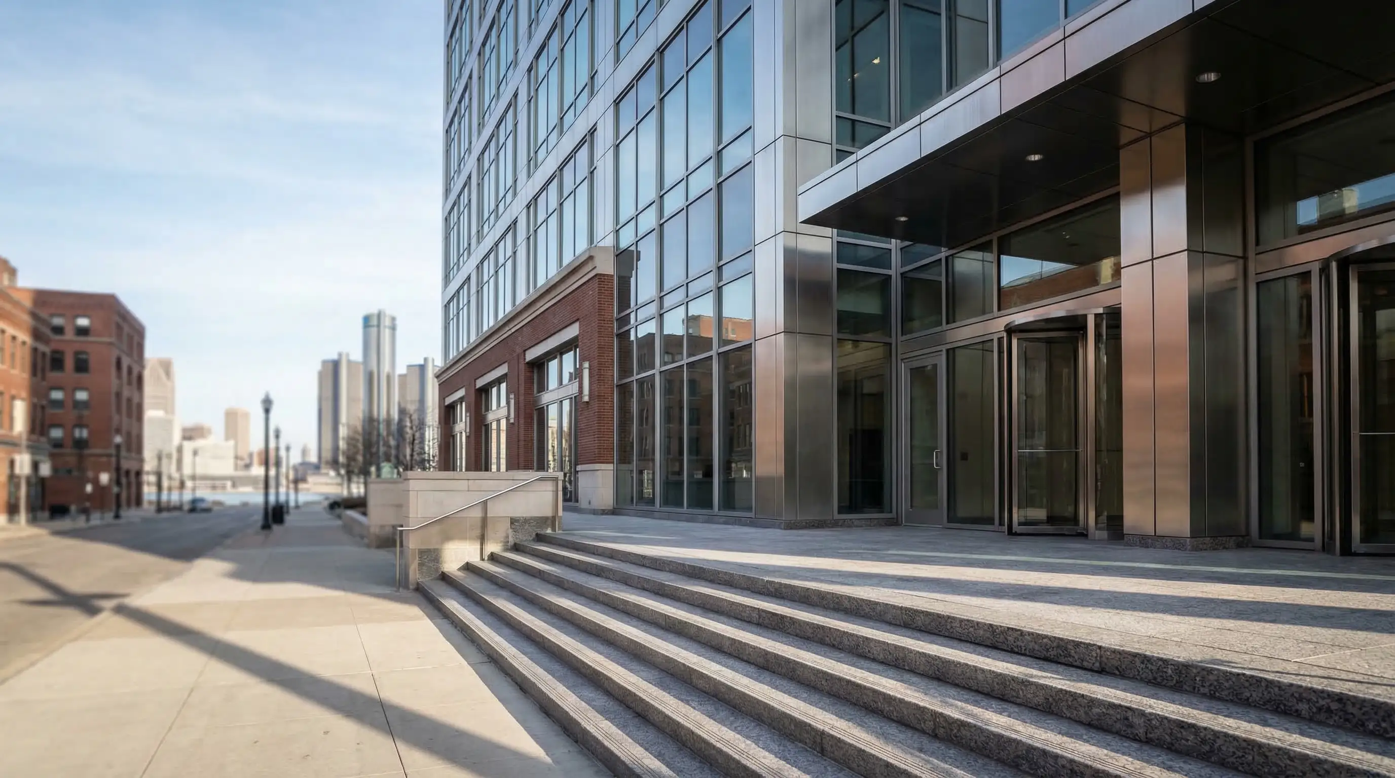 Professional law office consultation room with city view in downtown Detroit, MI