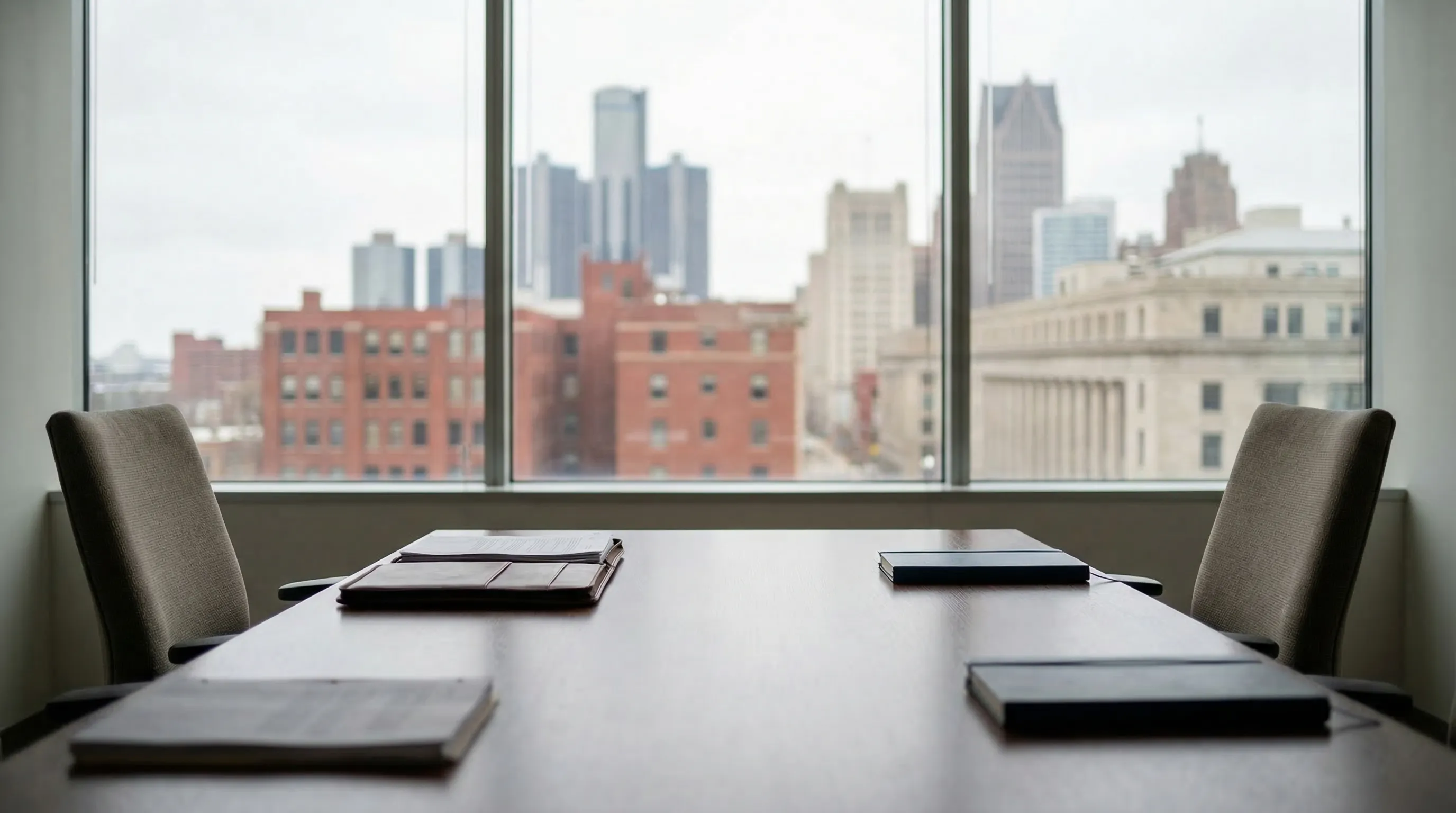 Professional law office consultation room with city view in downtown Detroit, MI