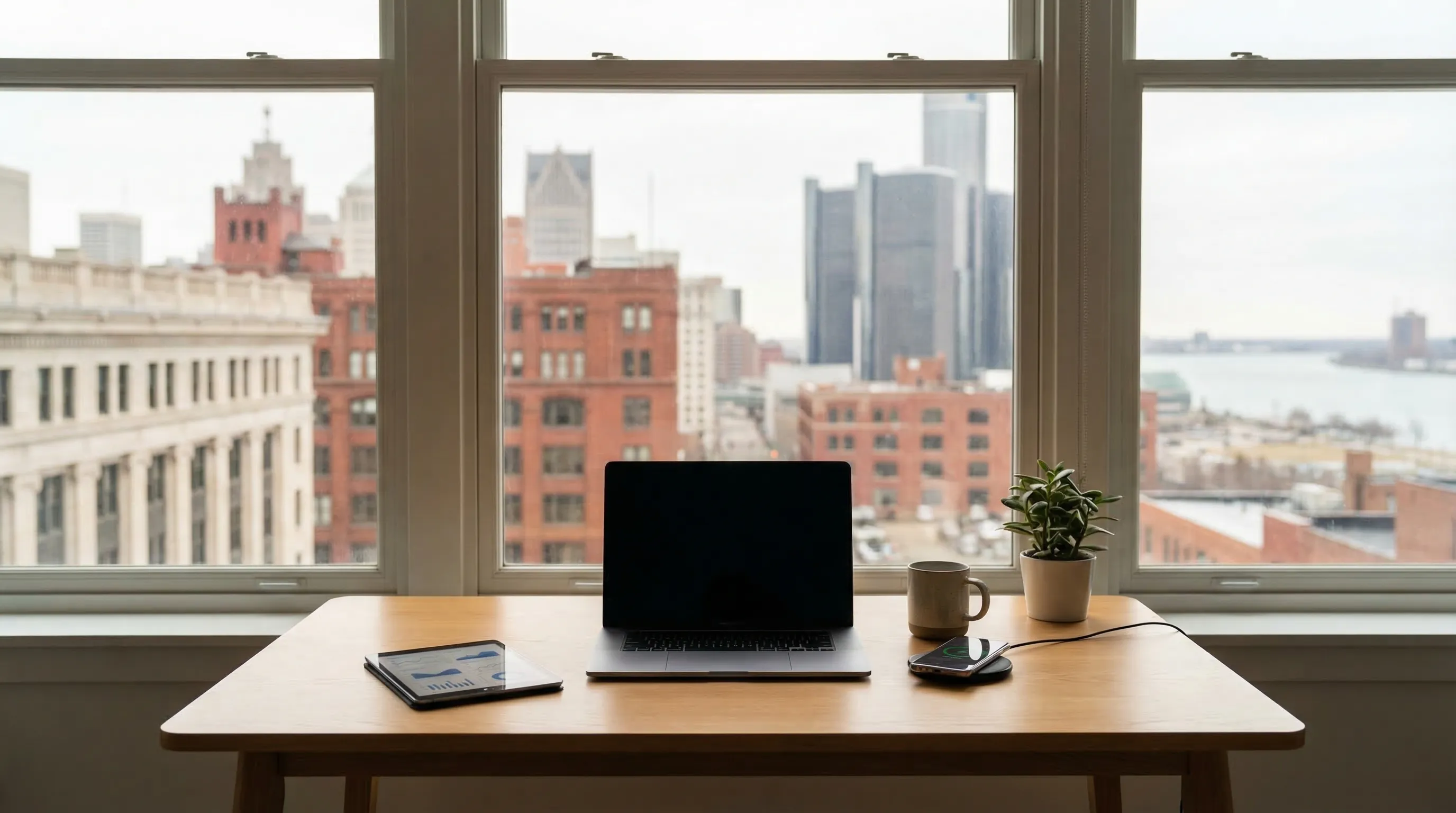 Professional real estate agent consulting with buyers in front of a renovated Detroit bungalow in a revitalized neighborhood, Detroit, MI