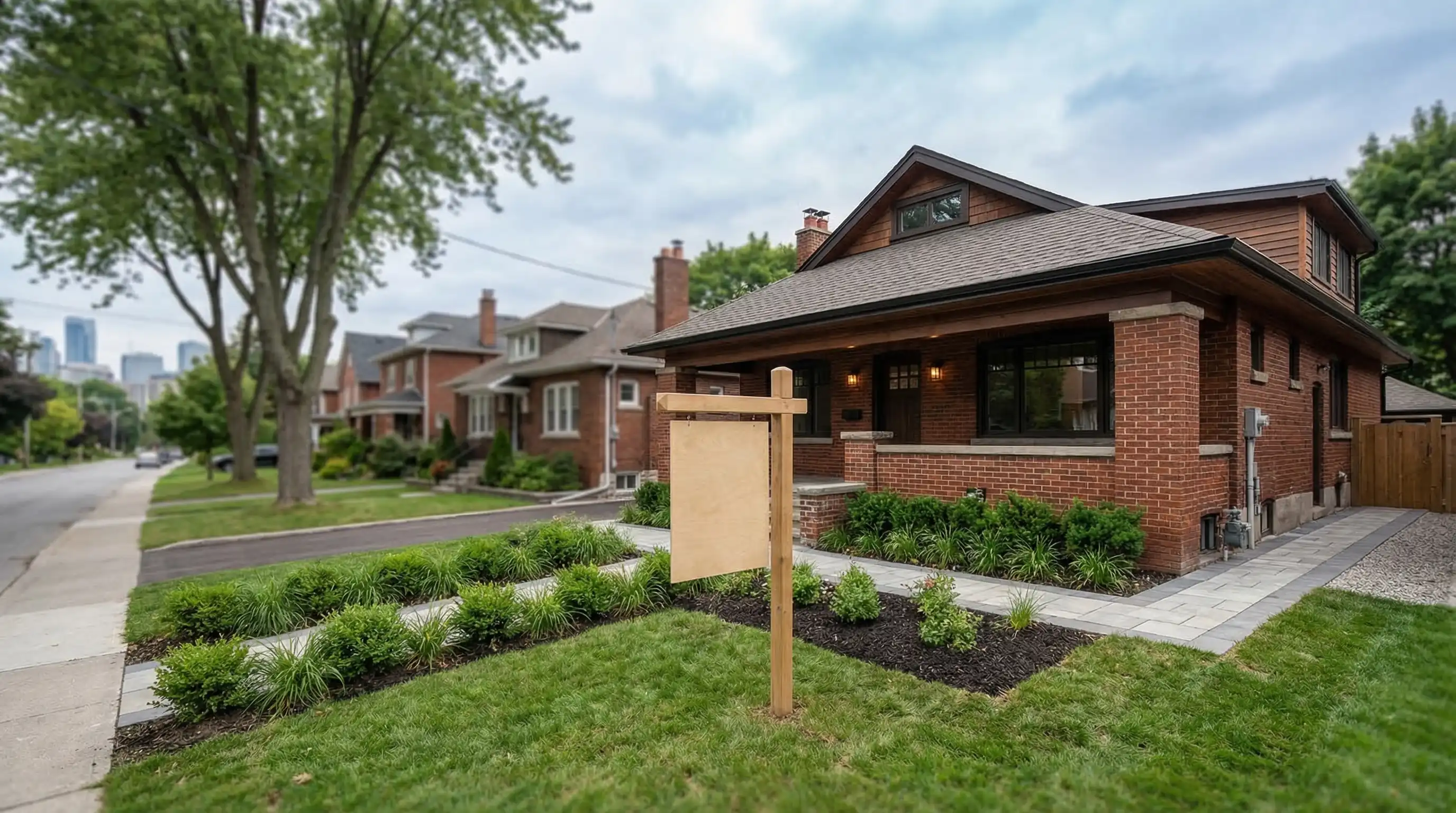 Professional real estate agent consulting with buyers in front of a renovated Detroit bungalow in a revitalized neighborhood, Detroit, MI
