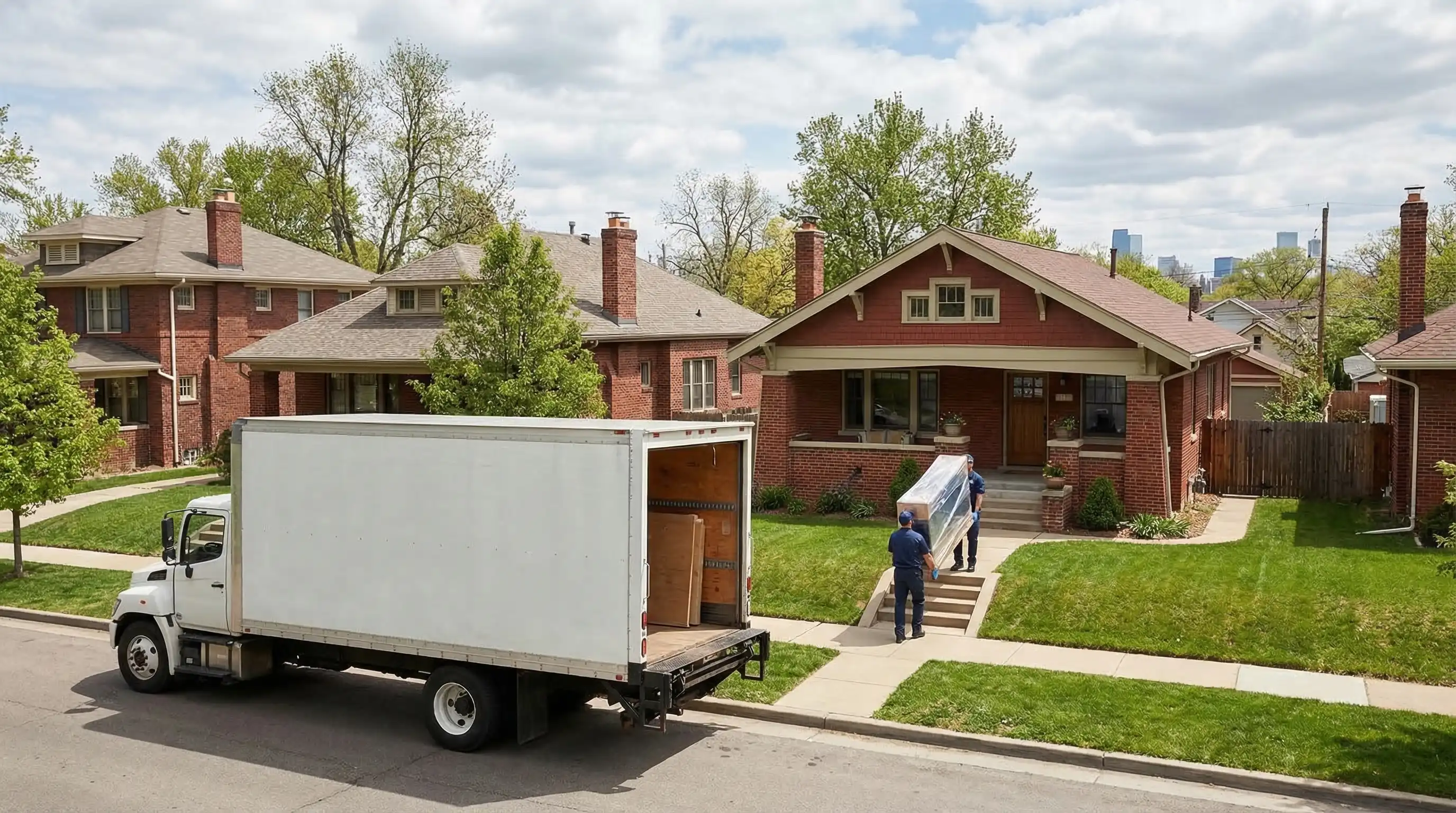 Professional moving crew loading a branded moving truck in front of a Detroit-area suburban brick home on a clear summer day, Detroit, MI