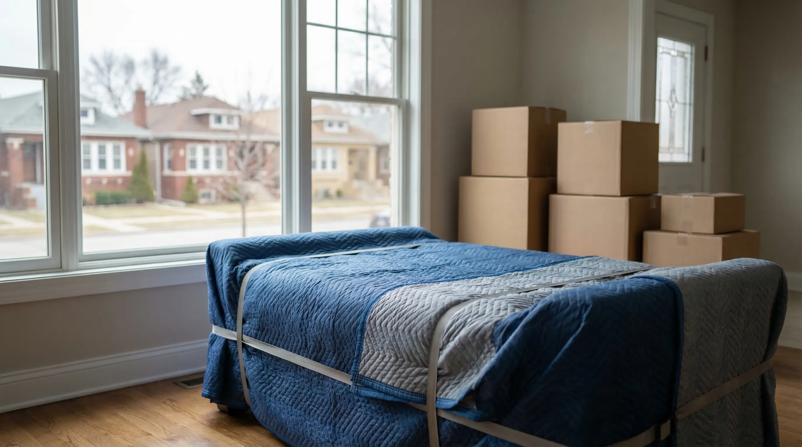 Professional moving crew loading a branded moving truck in front of a Detroit-area suburban brick home on a clear summer day, Detroit, MI