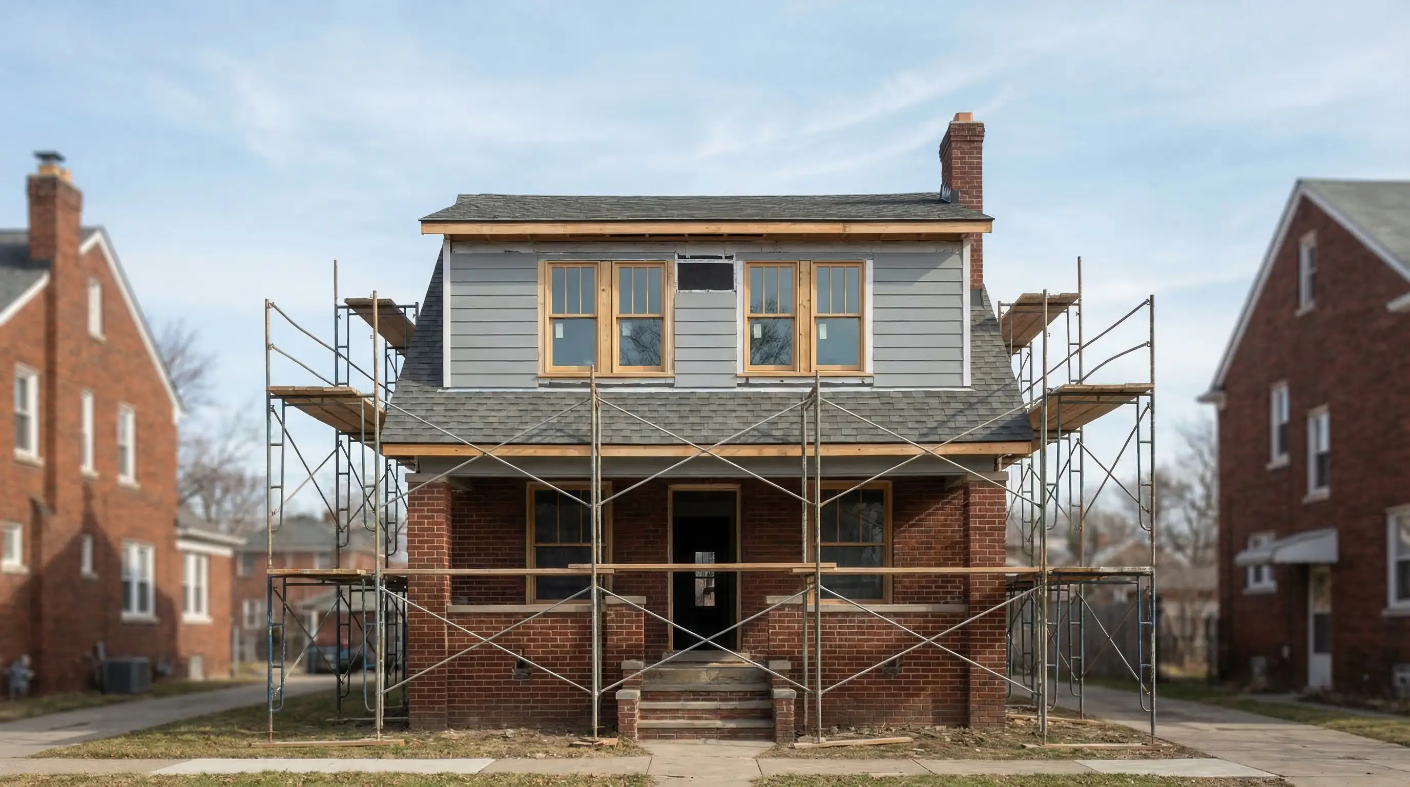 Skilled contractor installing cabinets in a kitchen renovation inside a Detroit brick craftsman home, natural window light and professional tools visible, Detroit, MI