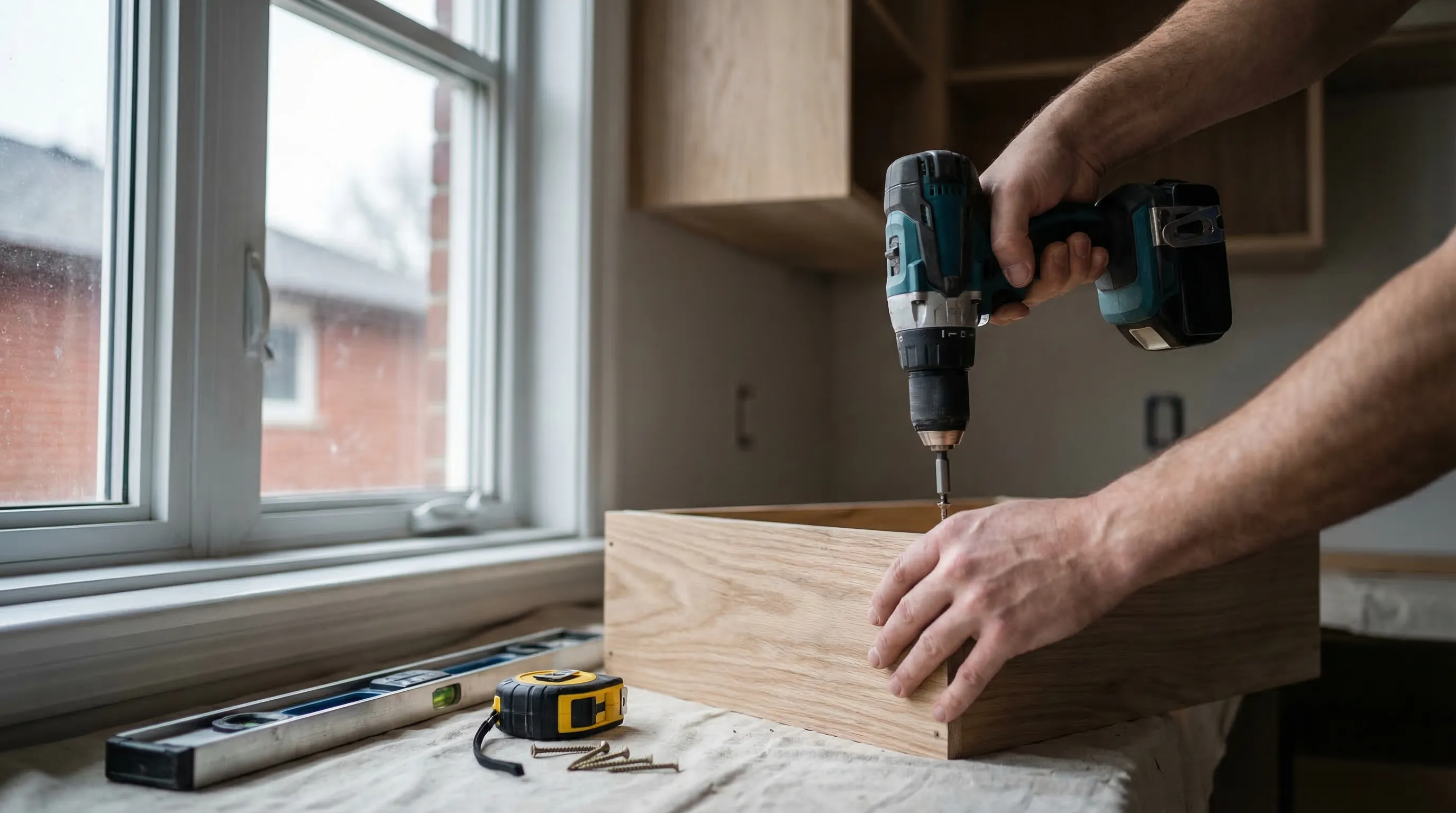 Skilled contractor installing cabinets in a kitchen renovation inside a Detroit brick craftsman home, natural window light and professional tools visible, Detroit, MI